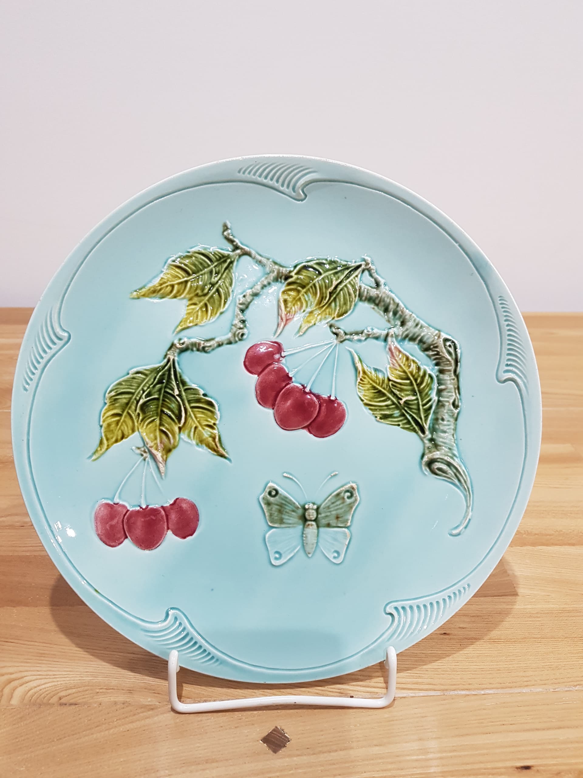 Seven-piece set Majolica Cherries and Butterfly, blue red green yellow white, ceramic, Germany, 1950s - 361659