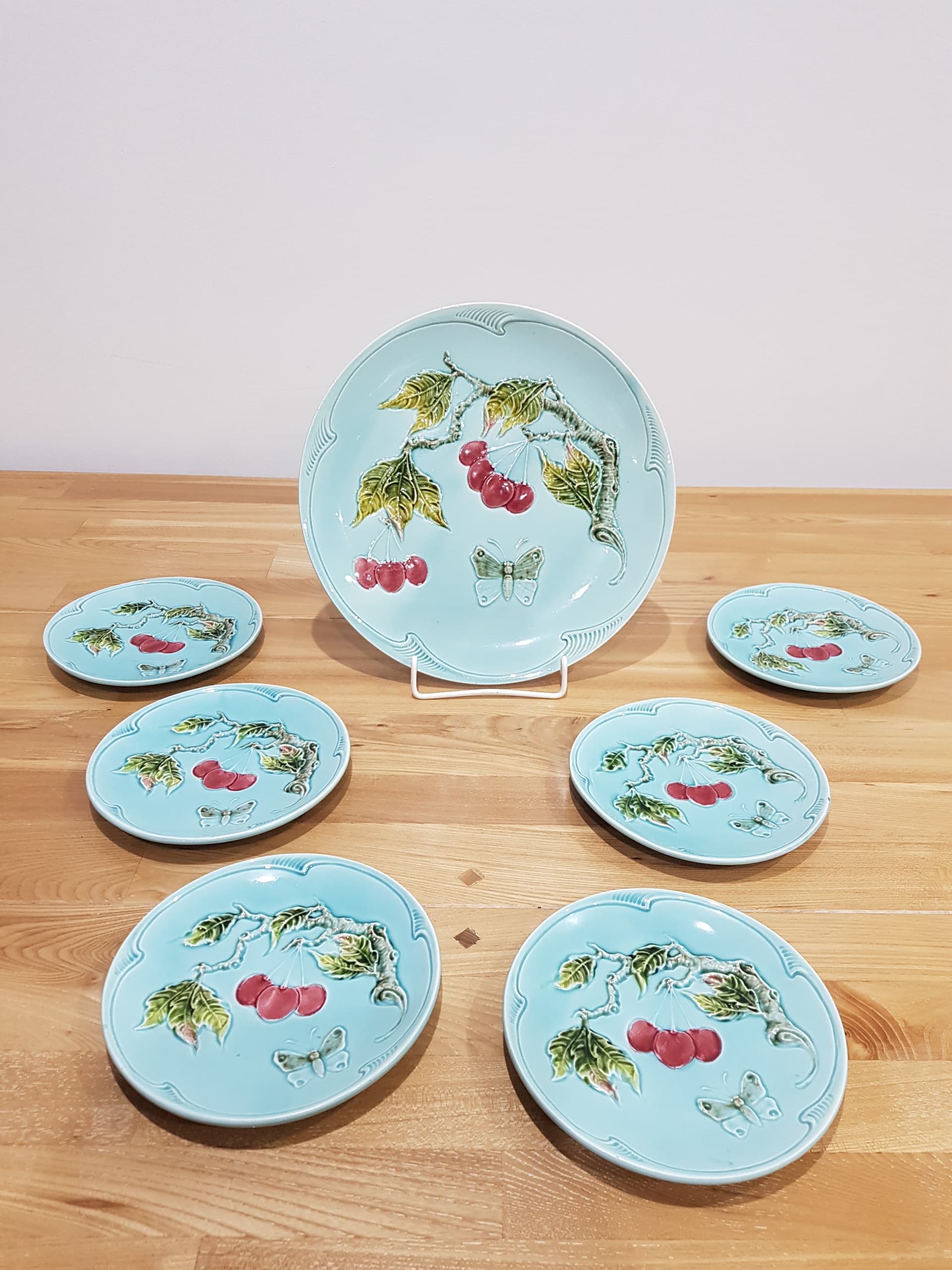 Seven-piece set Majolica Cherries and Butterfly, blue red green yellow white, ceramic, Germany, 1950s - 361662