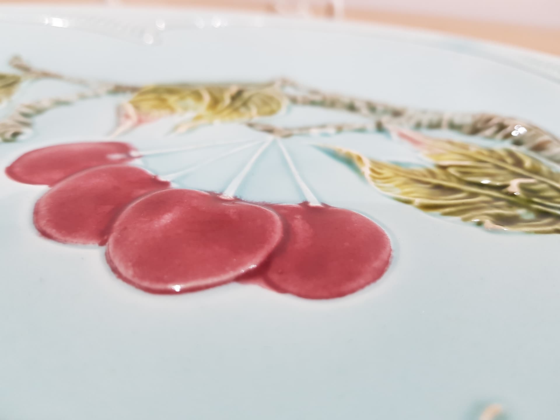 Seven-piece set Majolica Cherries and Butterfly, blue red green yellow white, ceramic, Germany, 1950s - 361661