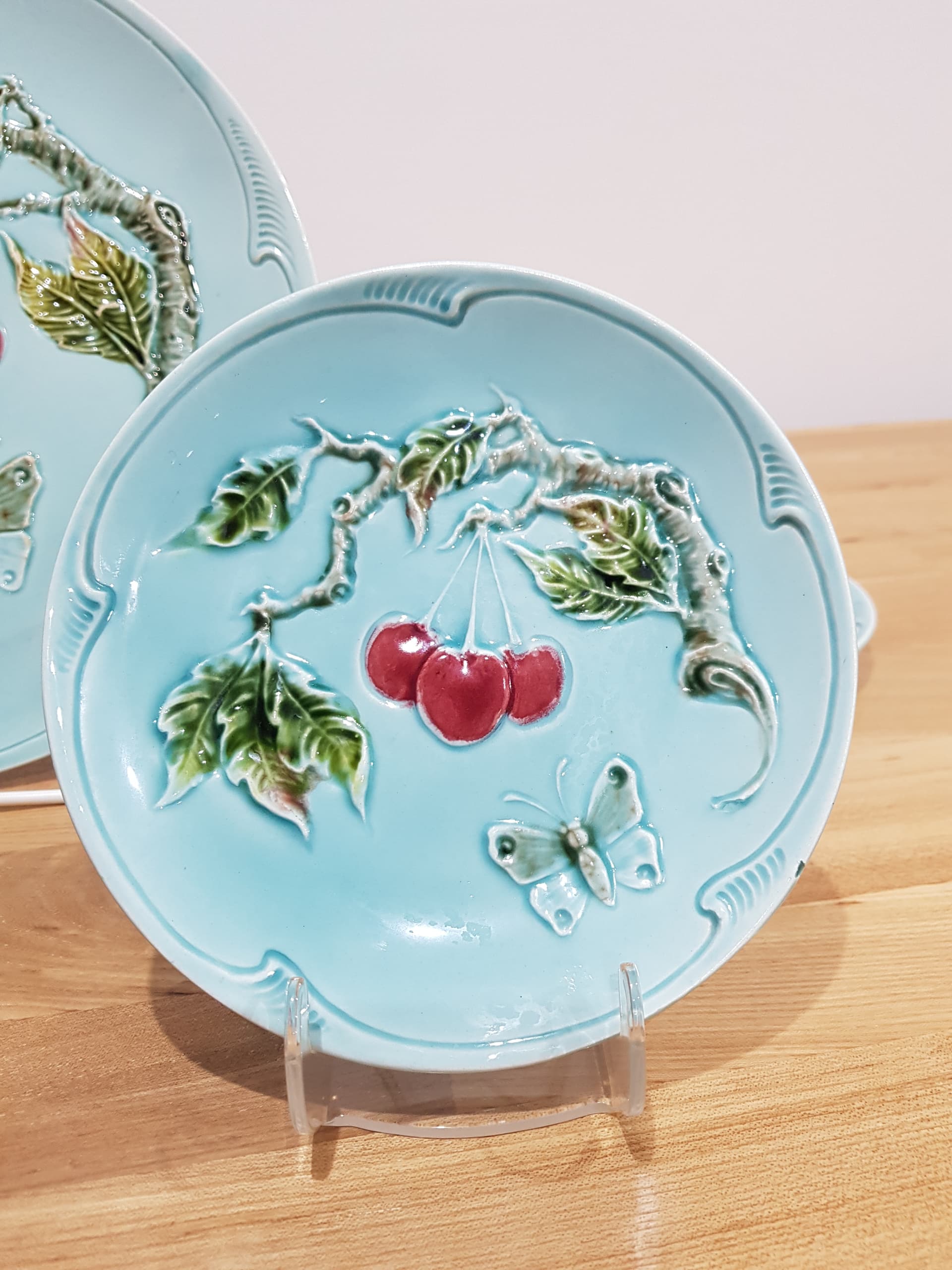 Seven-piece set Majolica Cherries and Butterfly, blue red green yellow white, ceramic, Germany, 1950s - 361658