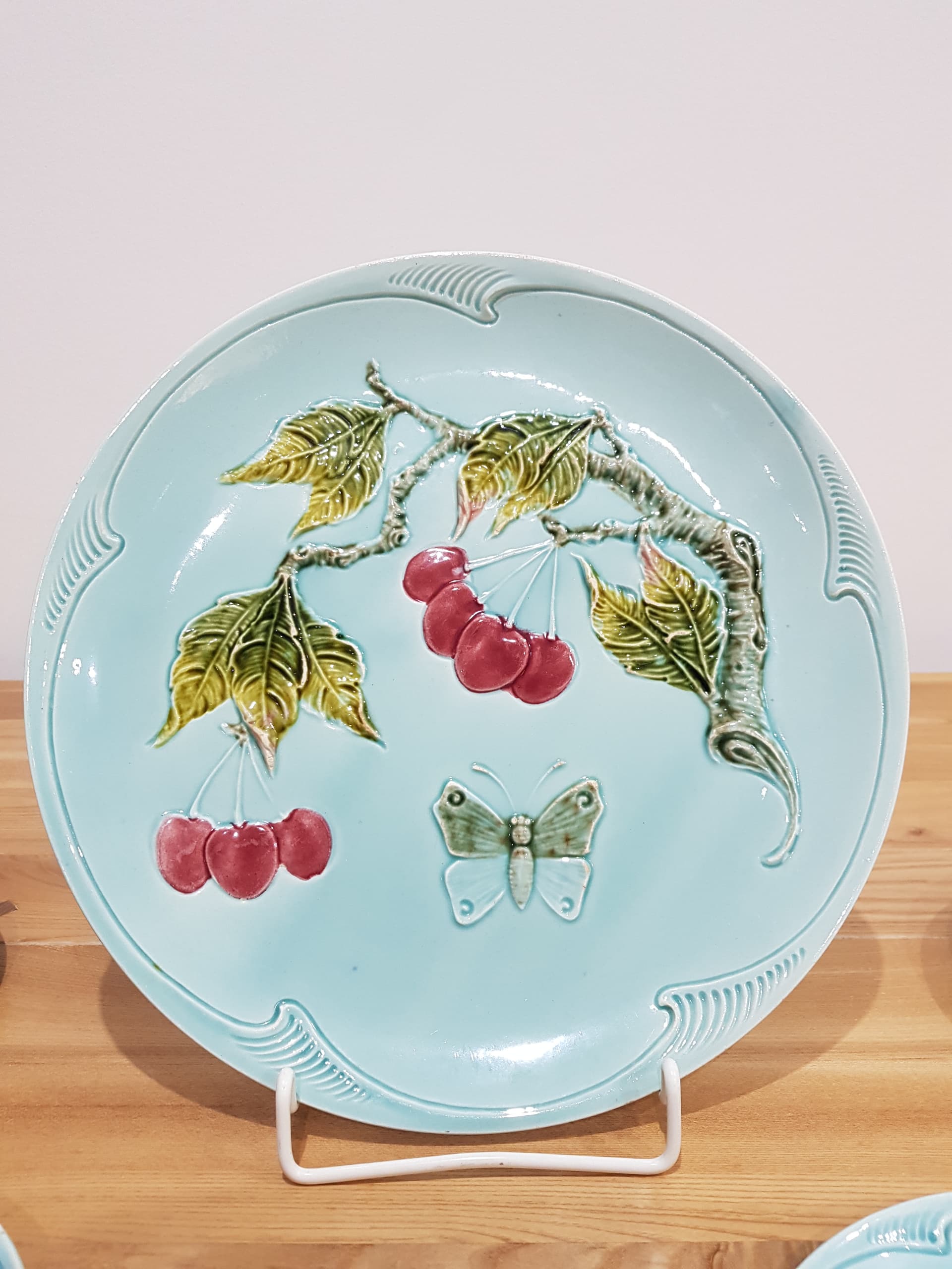 Seven-piece set Majolica Cherries and Butterfly, blue red green yellow white, ceramic, Germany, 1950s - 361663