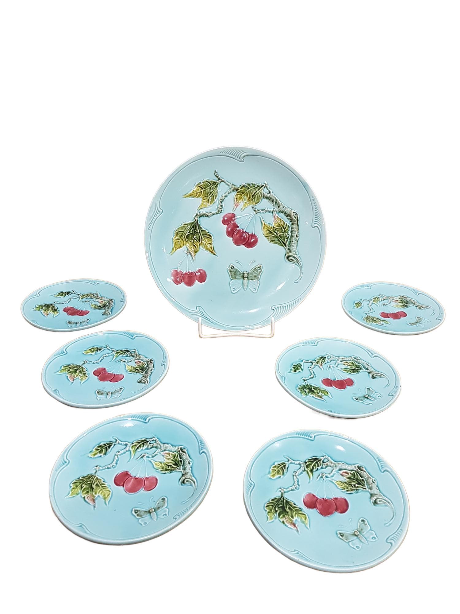 Seven-piece set Majolica Cherries and Butterfly, blue red green yellow white, ceramic, Germany, 1950s - 361792