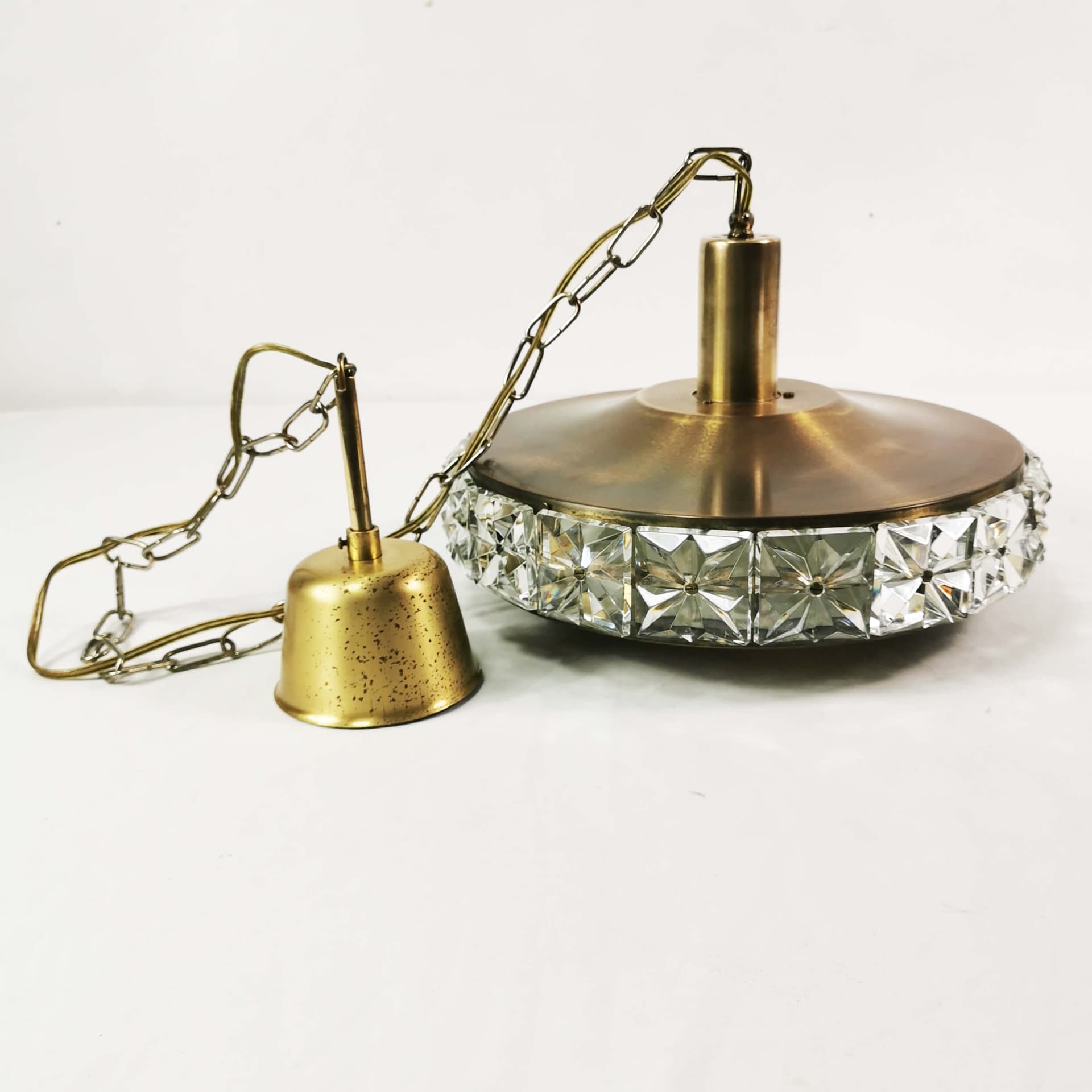 Pendant lamp, brass gold, crystal clear, by C. Fagerlund, Vitrika, Denmark, 1960s. - 361677