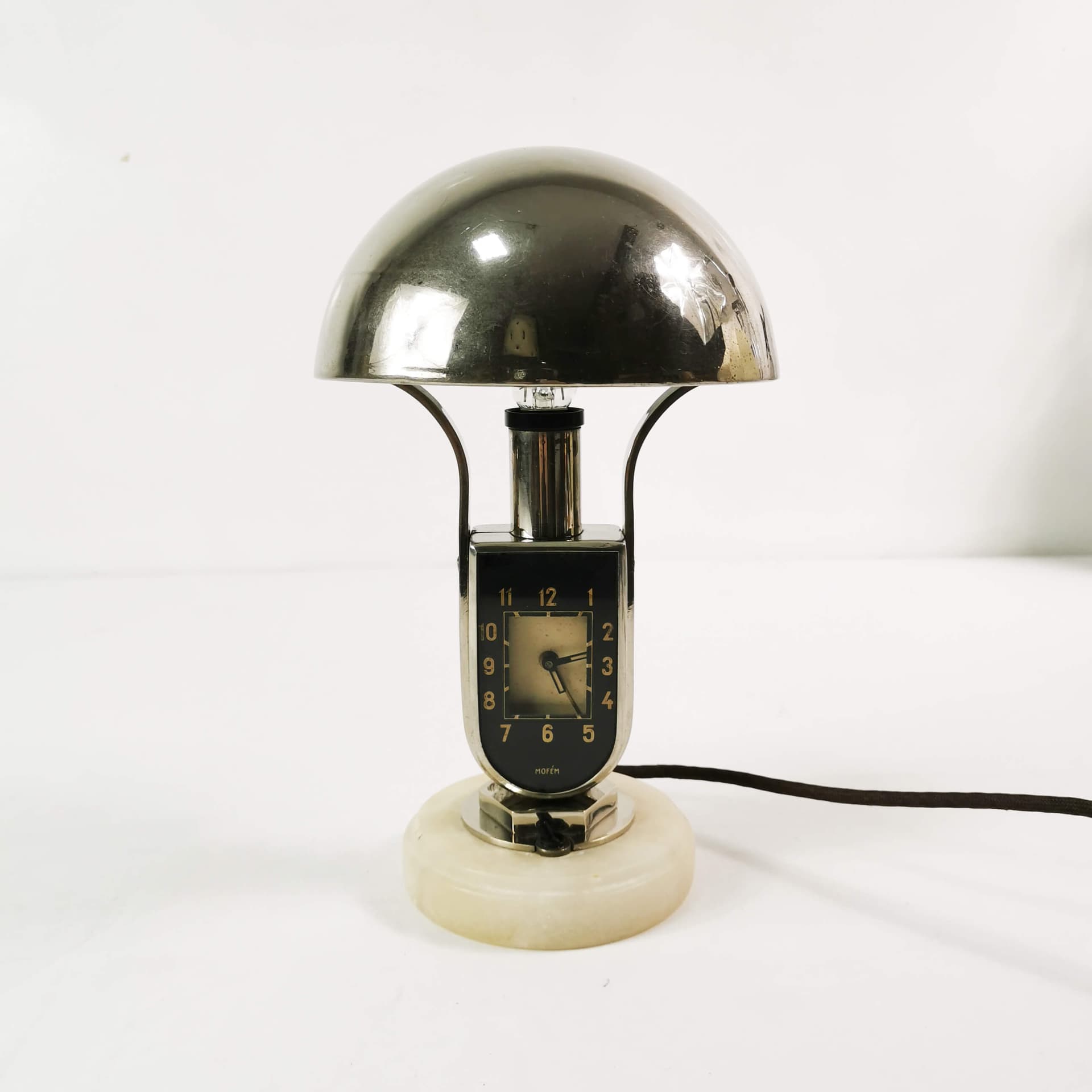 Table lamp with clock Art Deco, silver black white, chromed brass bakelite, Mofem, Hungary, 1930s. - 361678