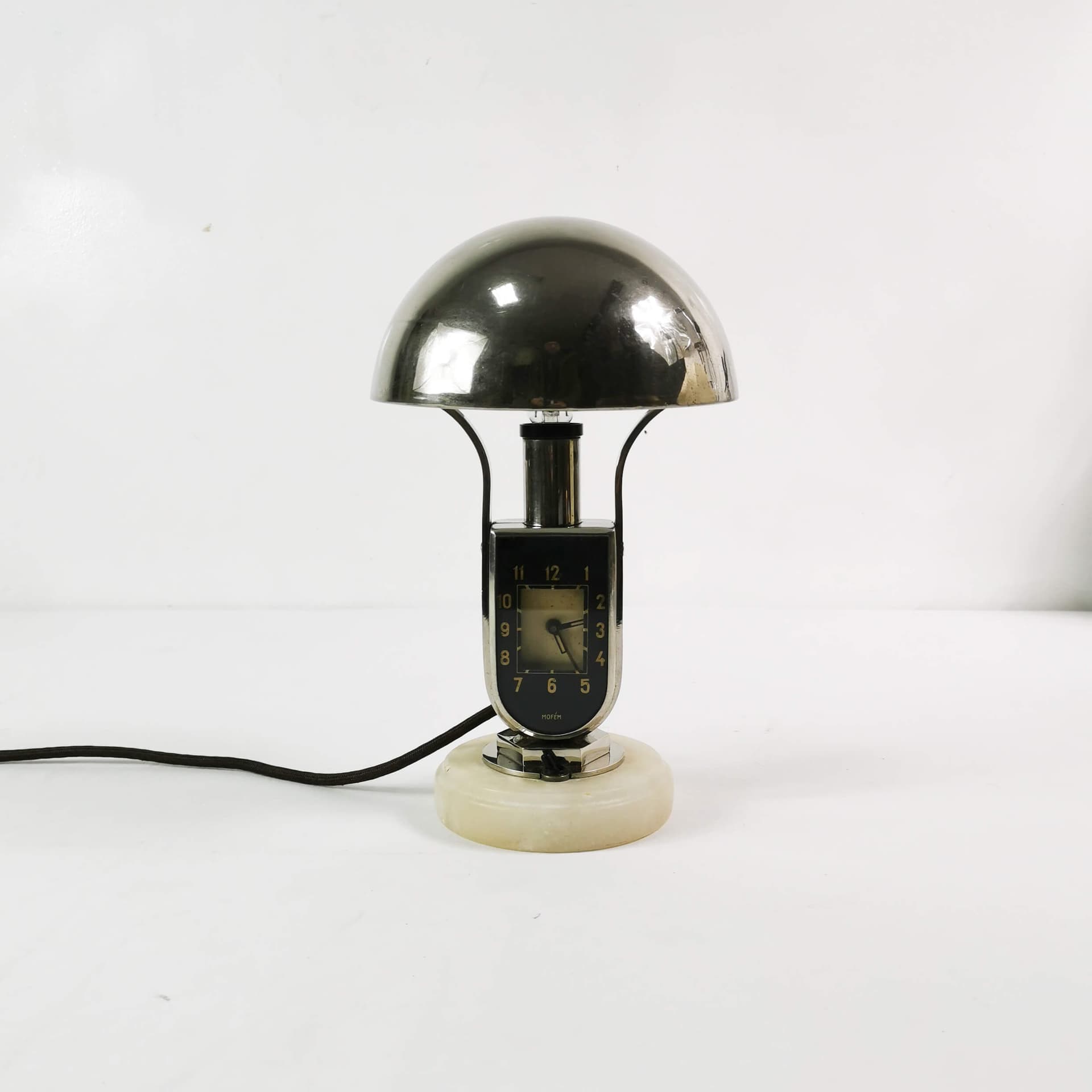 Table lamp with clock Art Deco, silver black white, chromed brass bakelite, Mofem, Hungary, 1930s. - 361692