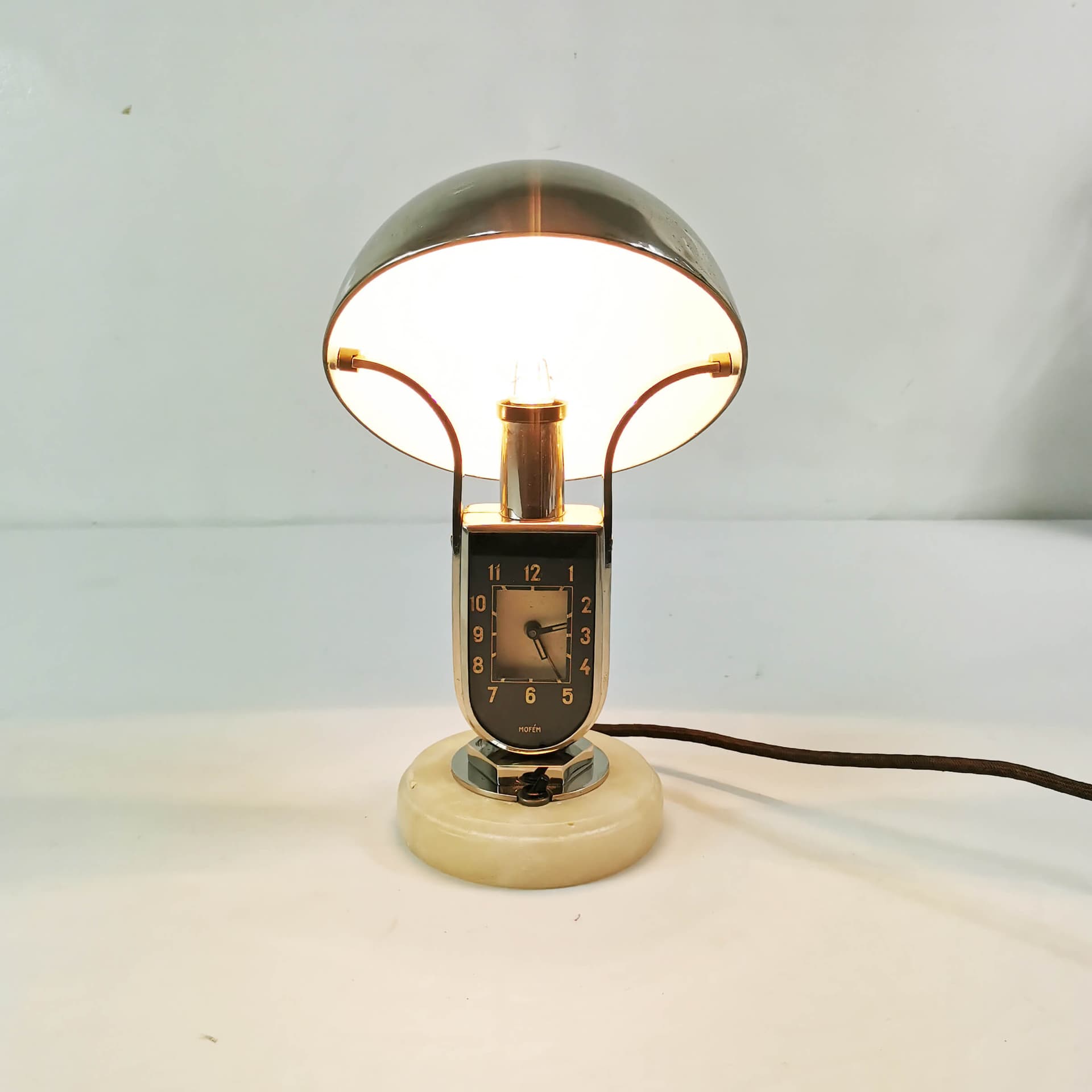 Table lamp with clock Art Deco, silver black white, chromed brass bakelite, Mofem, Hungary, 1930s. - 361680