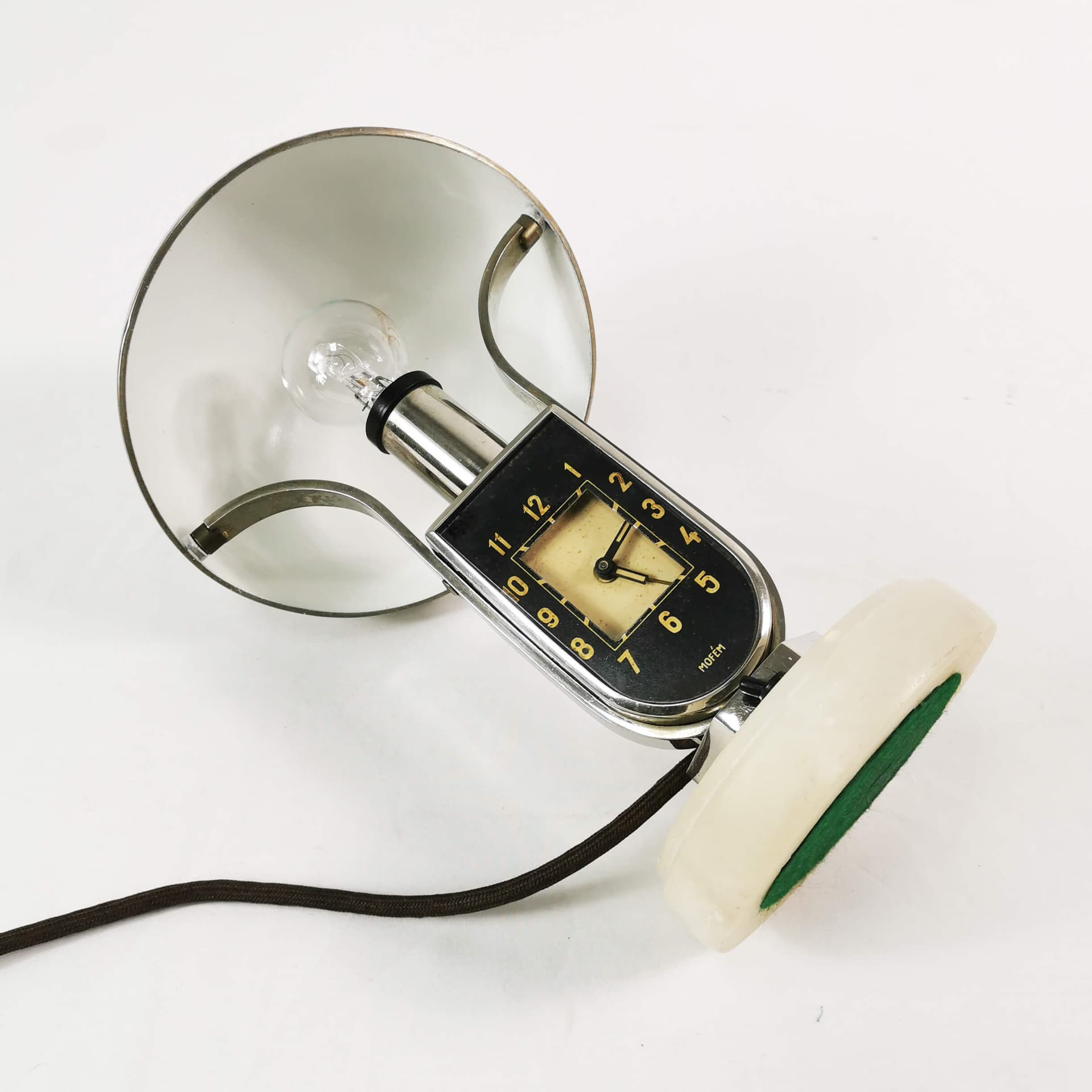 Table lamp with clock Art Deco, silver black white, chromed brass bakelite, Mofem, Hungary, 1930s. - 361686