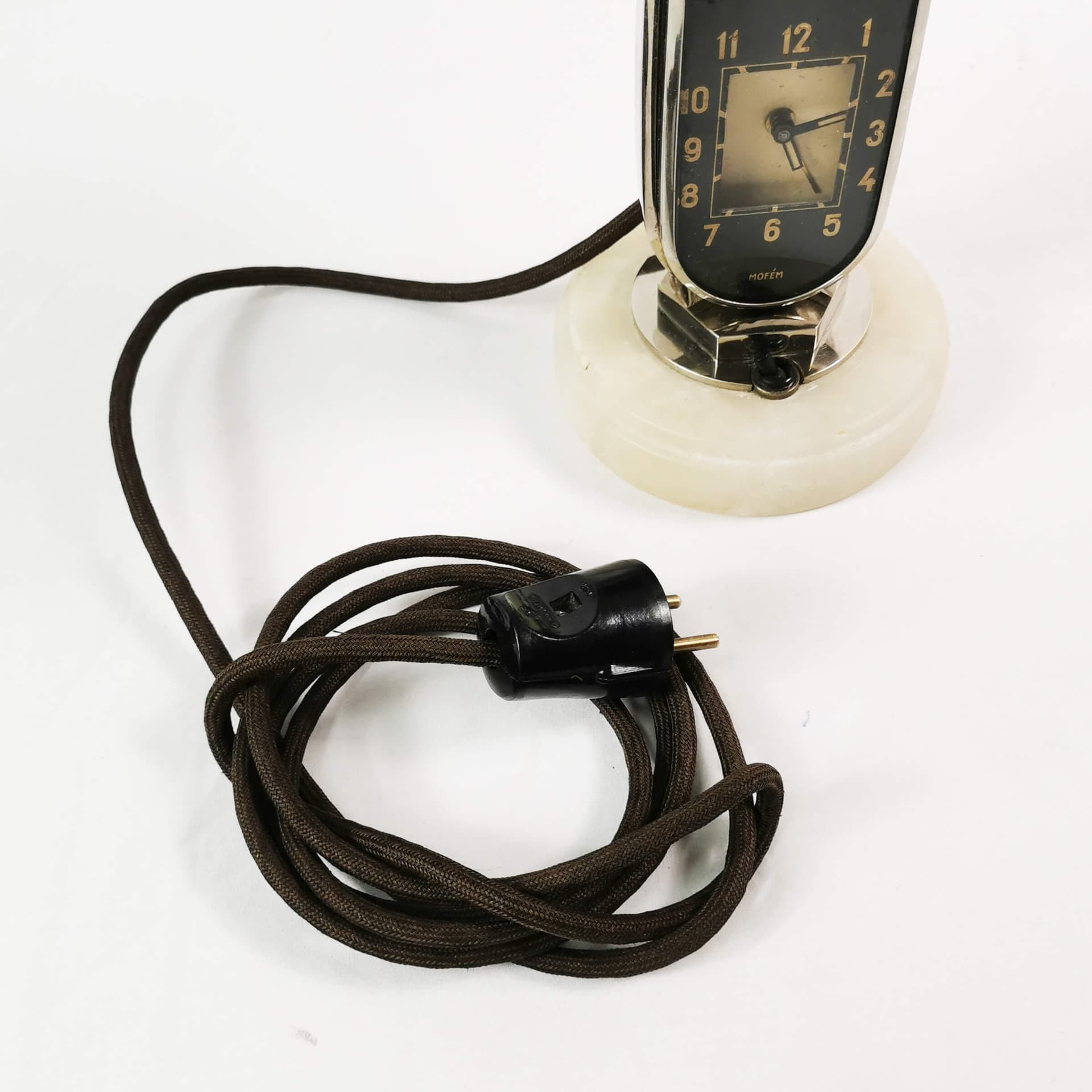 Table lamp with clock Art Deco, silver black white, chromed brass bakelite, Mofem, Hungary, 1930s. - 361690