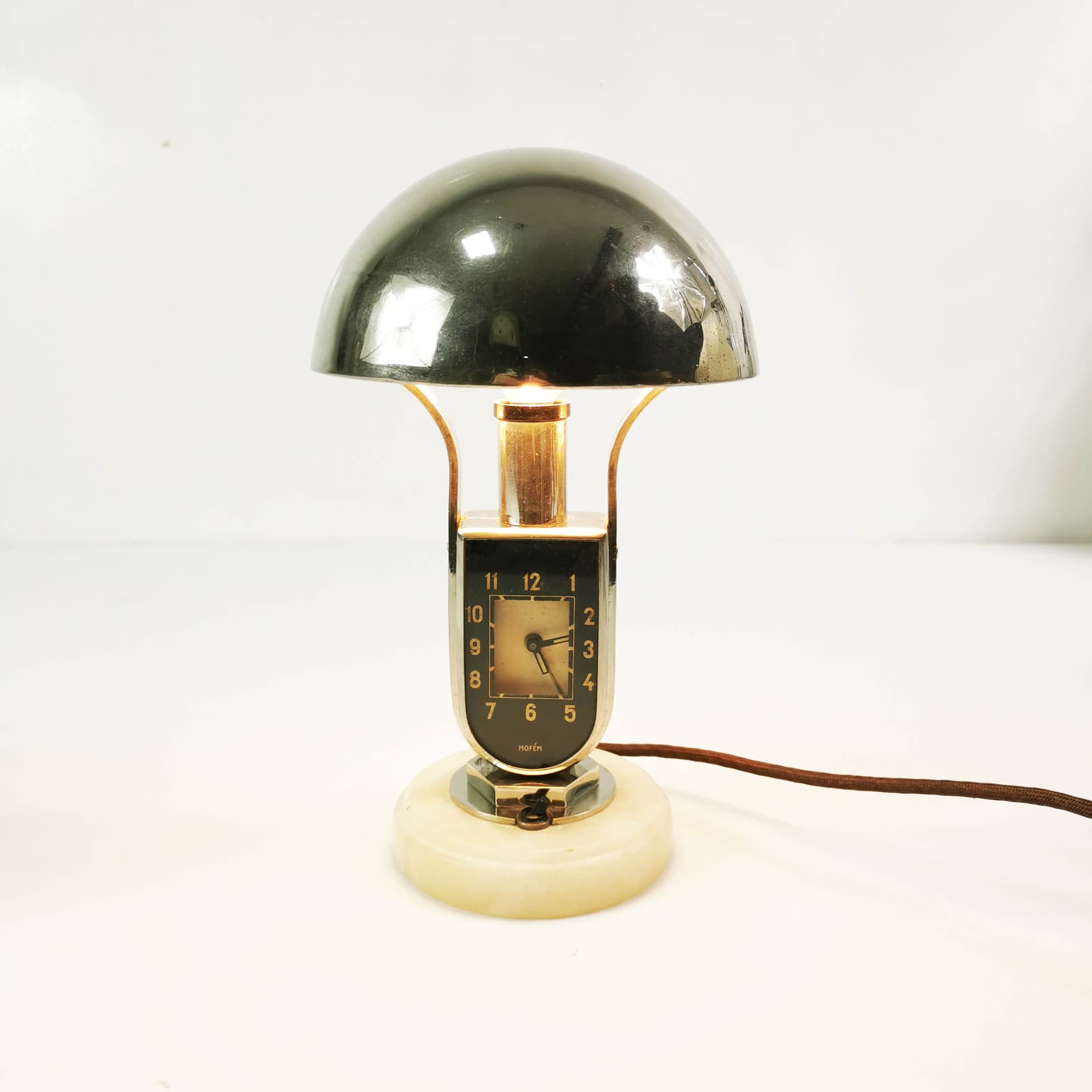 Table lamp with clock Art Deco, silver black white, chromed brass bakelite, Mofem, Hungary, 1930s. - 361681