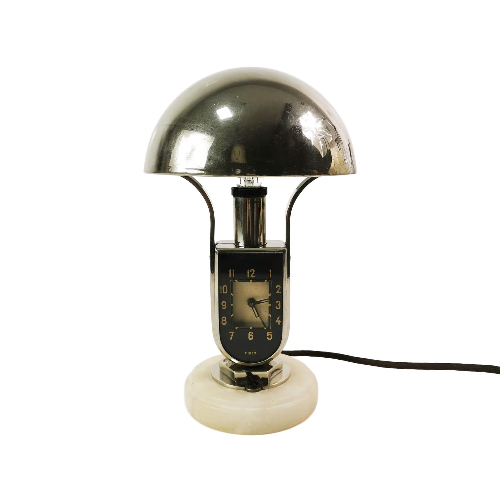 Table lamp with clock Art Deco, silver black white, chromed brass bakelite, Mofem, Hungary, 1930s.