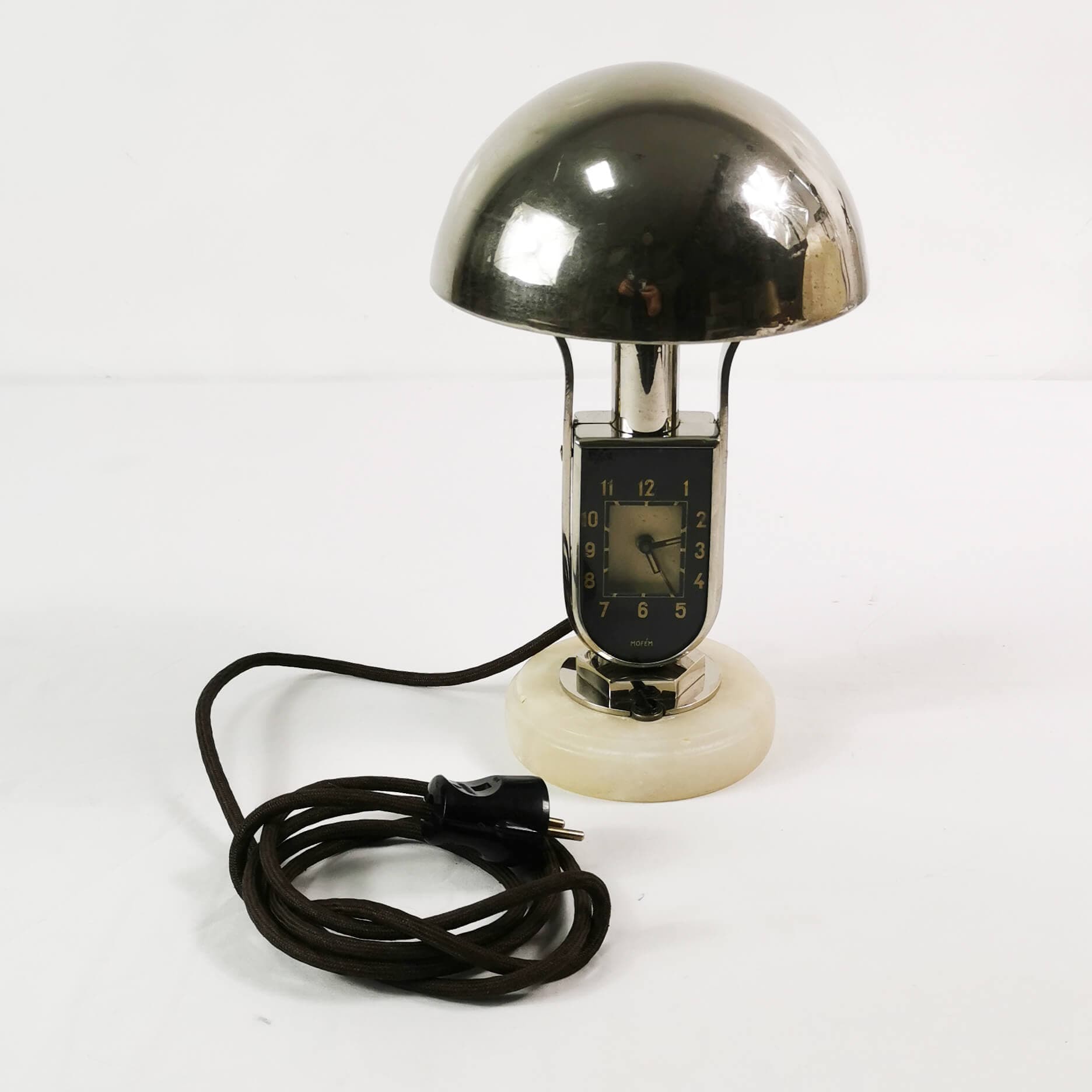 Table lamp with clock Art Deco, silver black white, chromed brass bakelite, Mofem, Hungary, 1930s. - 361689