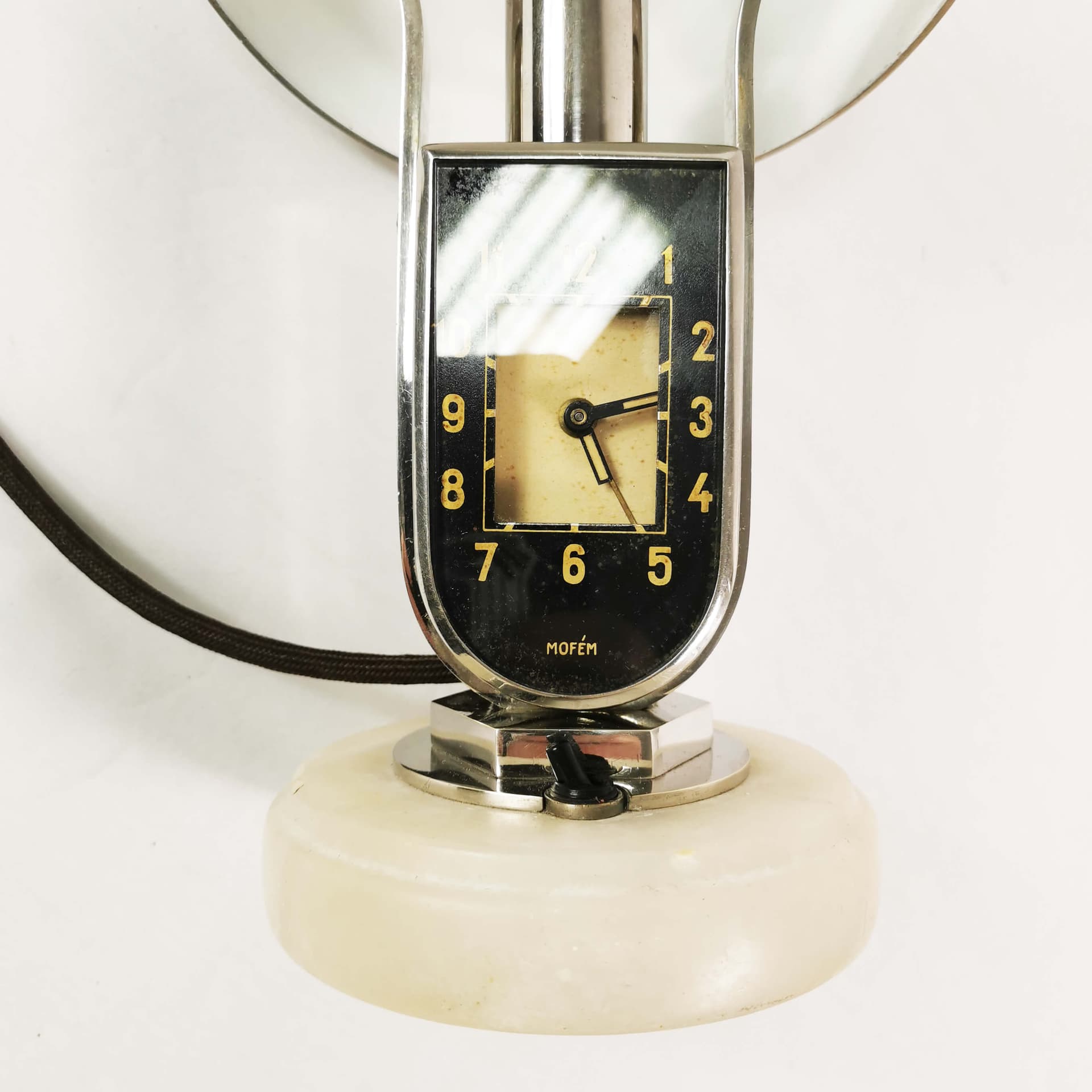 Table lamp with clock Art Deco, silver black white, chromed brass bakelite, Mofem, Hungary, 1930s. - 361691