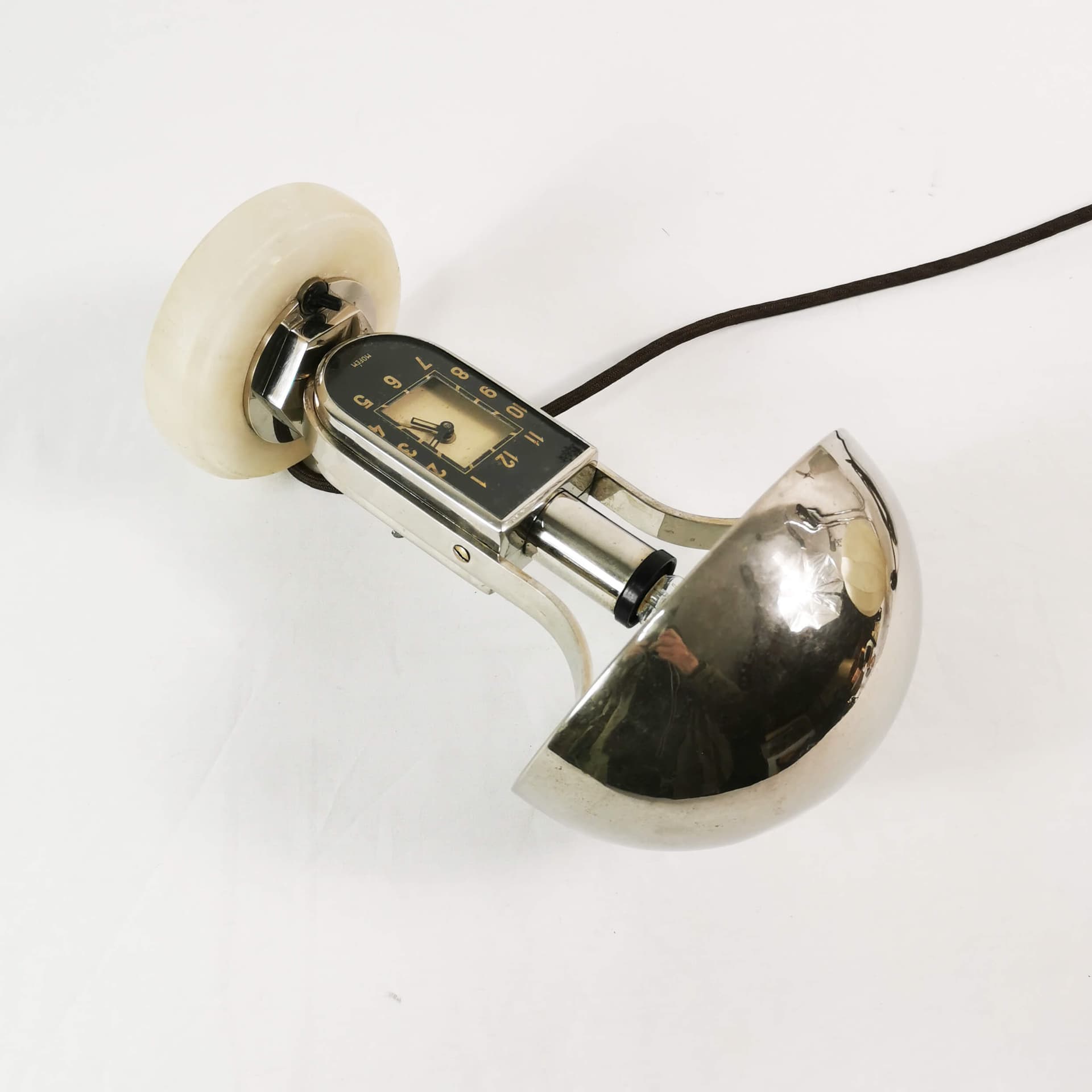 Table lamp with clock Art Deco, silver black white, chromed brass bakelite, Mofem, Hungary, 1930s. - 361683