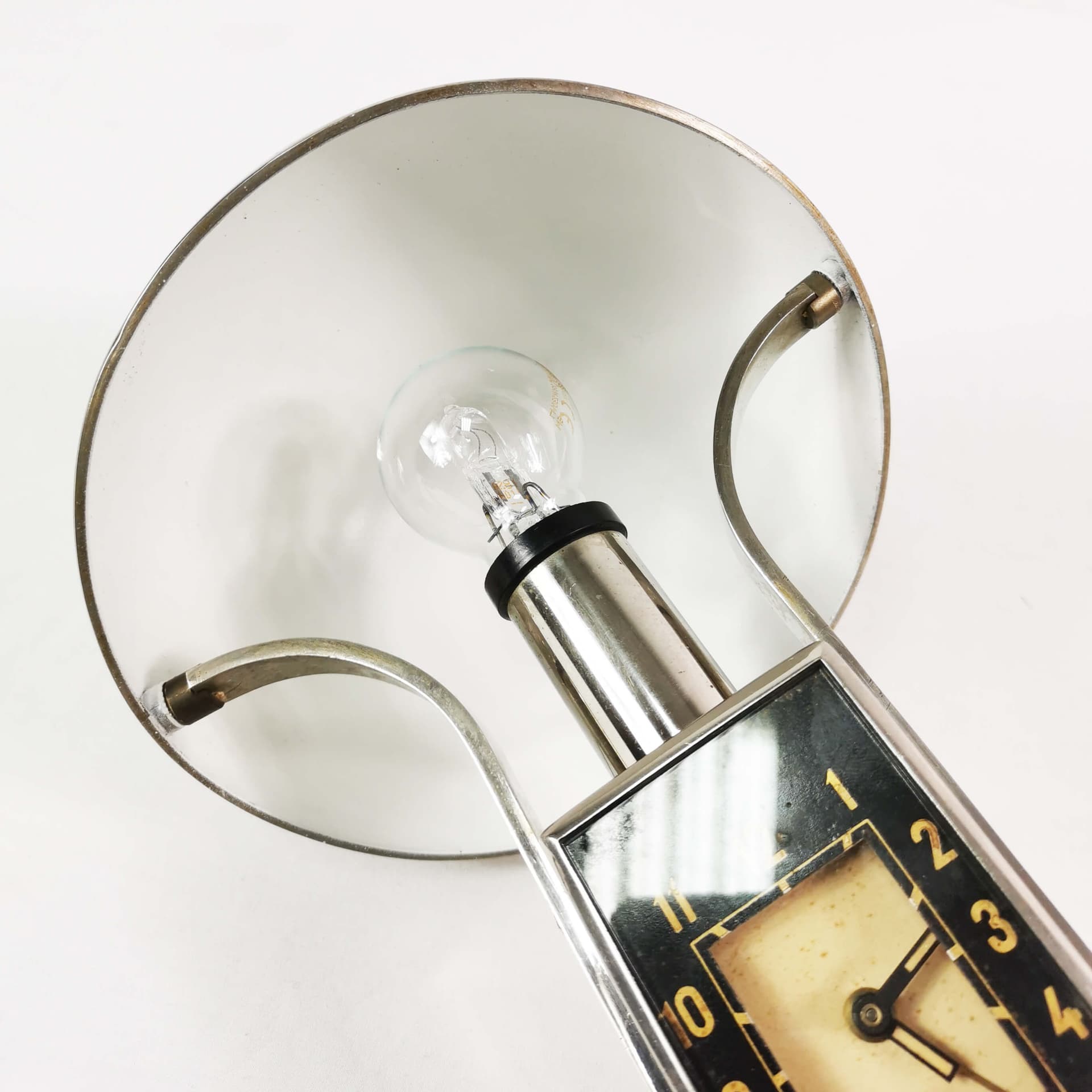Table lamp with clock Art Deco, silver black white, chromed brass bakelite, Mofem, Hungary, 1930s. - 361688