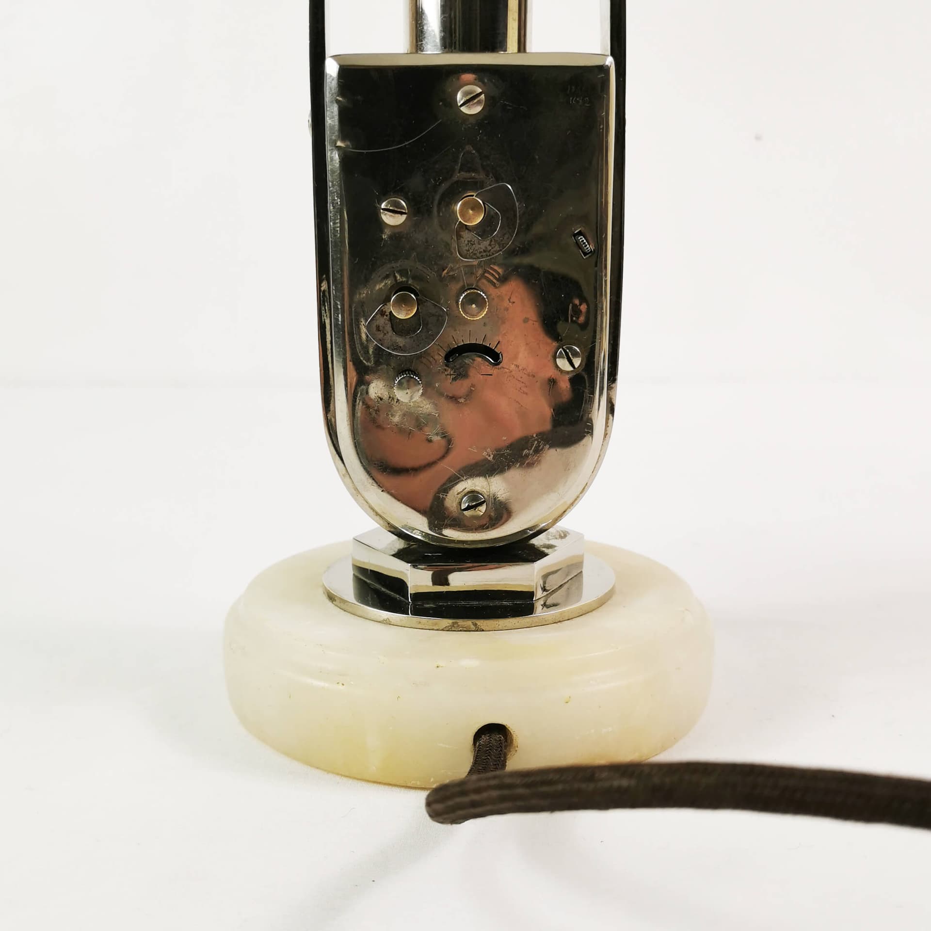 Table lamp with clock Art Deco, silver black white, chromed brass bakelite, Mofem, Hungary, 1930s. - 361685