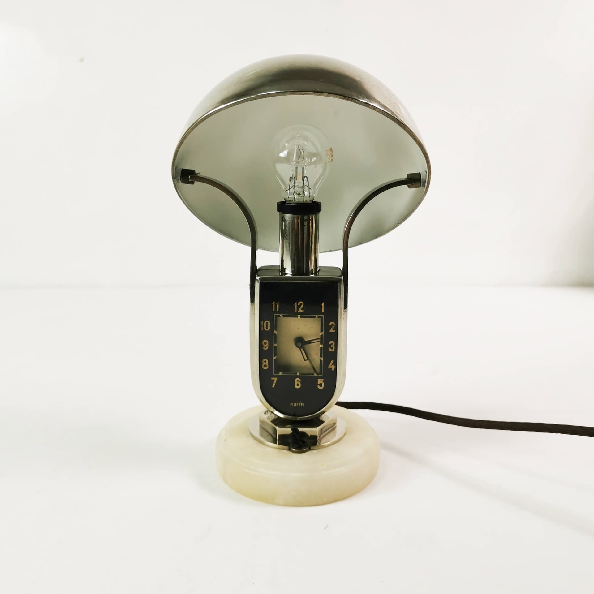 Table lamp with clock Art Deco, silver black white, chromed brass bakelite, Mofem, Hungary, 1930s. - 361679