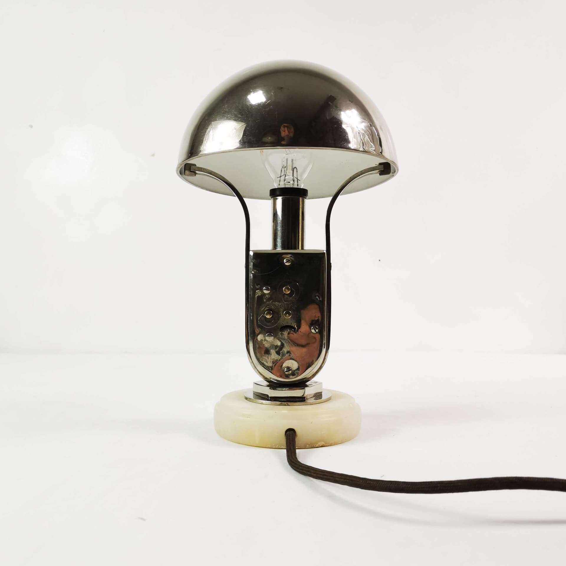 Table lamp with clock Art Deco, silver black white, chromed brass bakelite, Mofem, Hungary, 1930s. - 361684