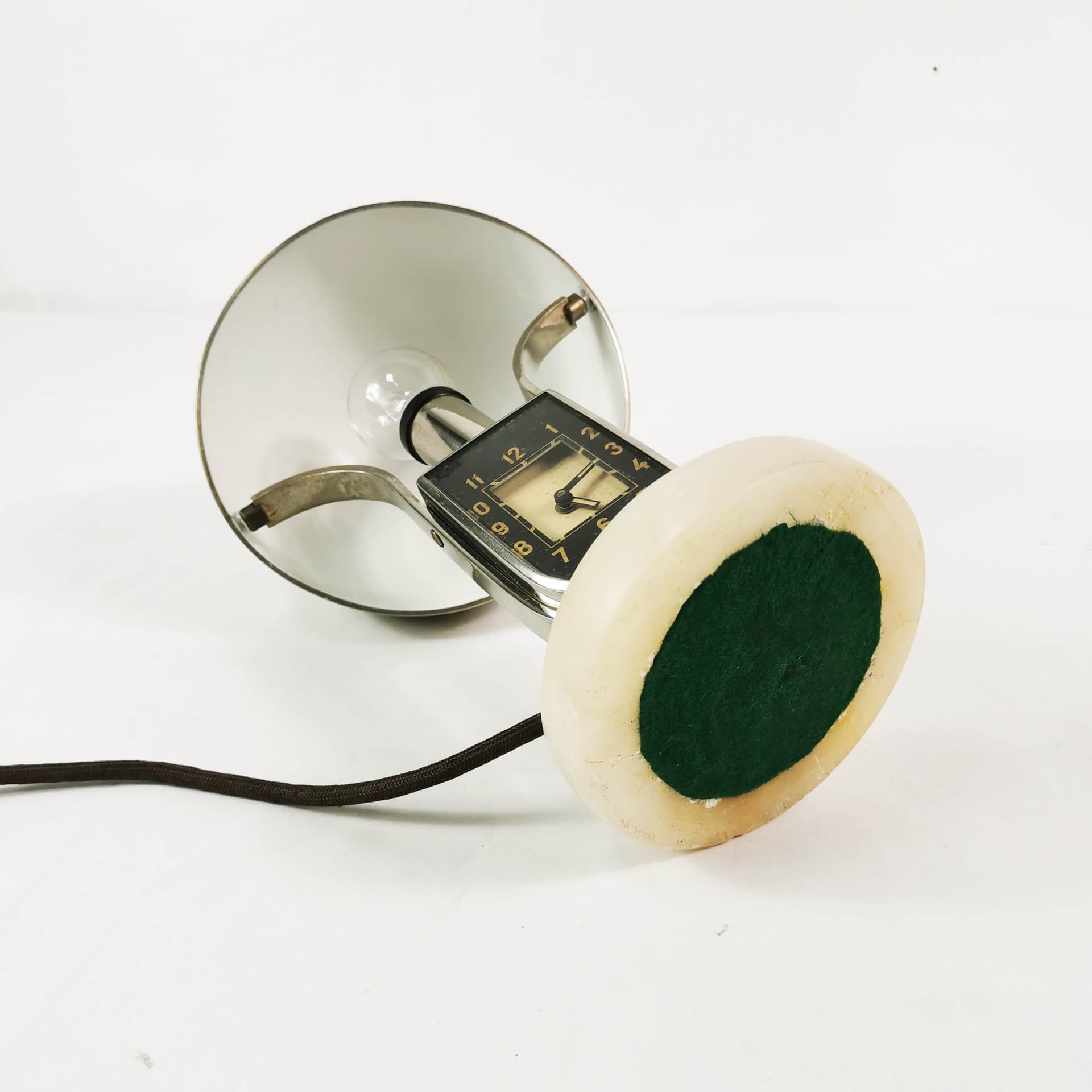 Table lamp with clock Art Deco, silver black white, chromed brass bakelite, Mofem, Hungary, 1930s. - 361687