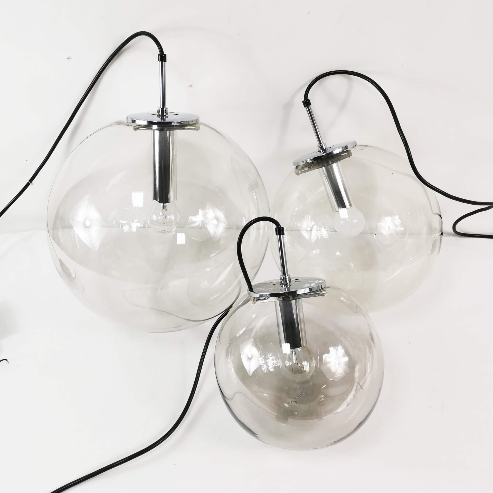 Pendant lamp globe 38 cm, transparent glass, polished steel silver, Limburg, Germany, 1970s. - 361705