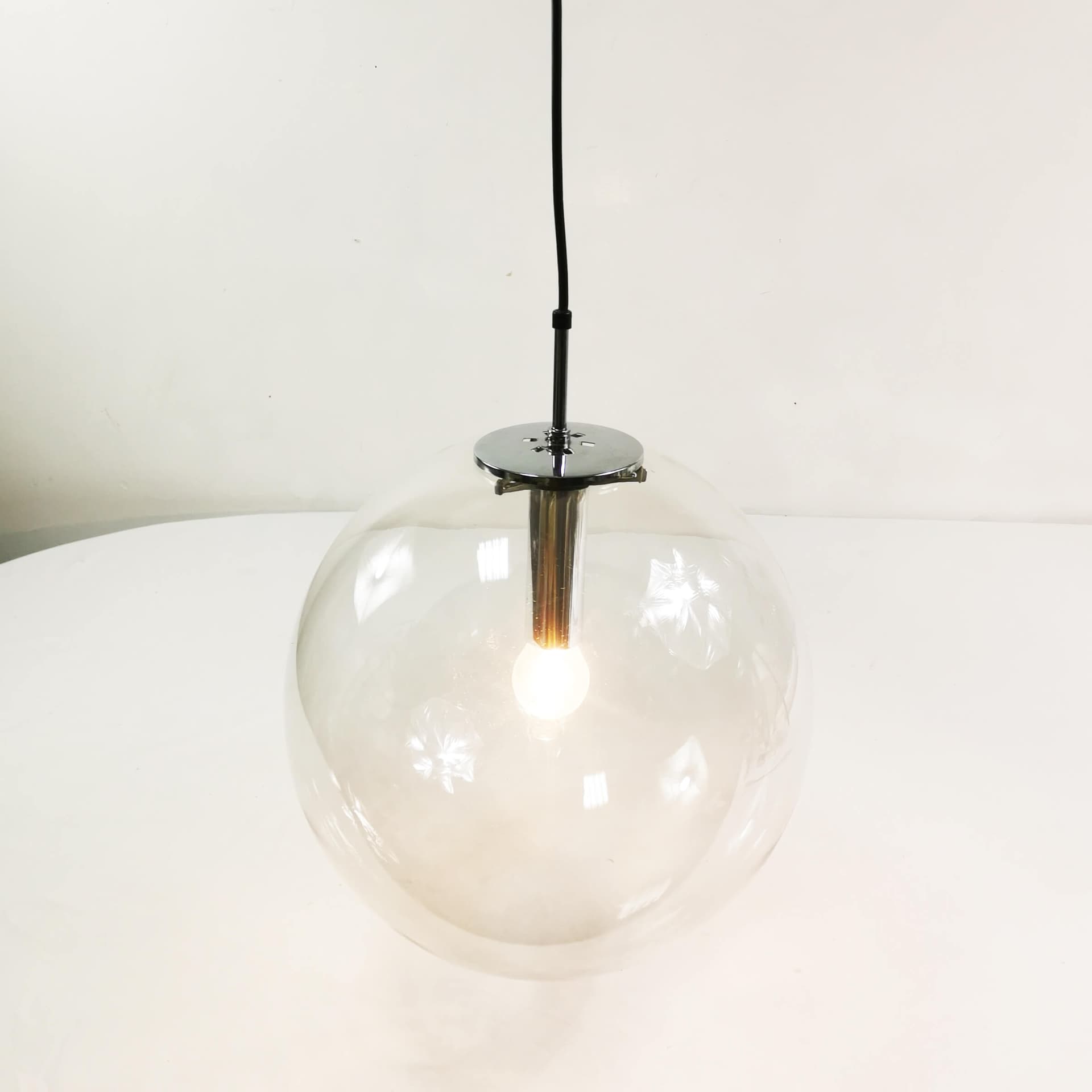 Pendant lamp globe 38 cm, transparent glass, polished steel silver, Limburg, Germany, 1970s. - 361693