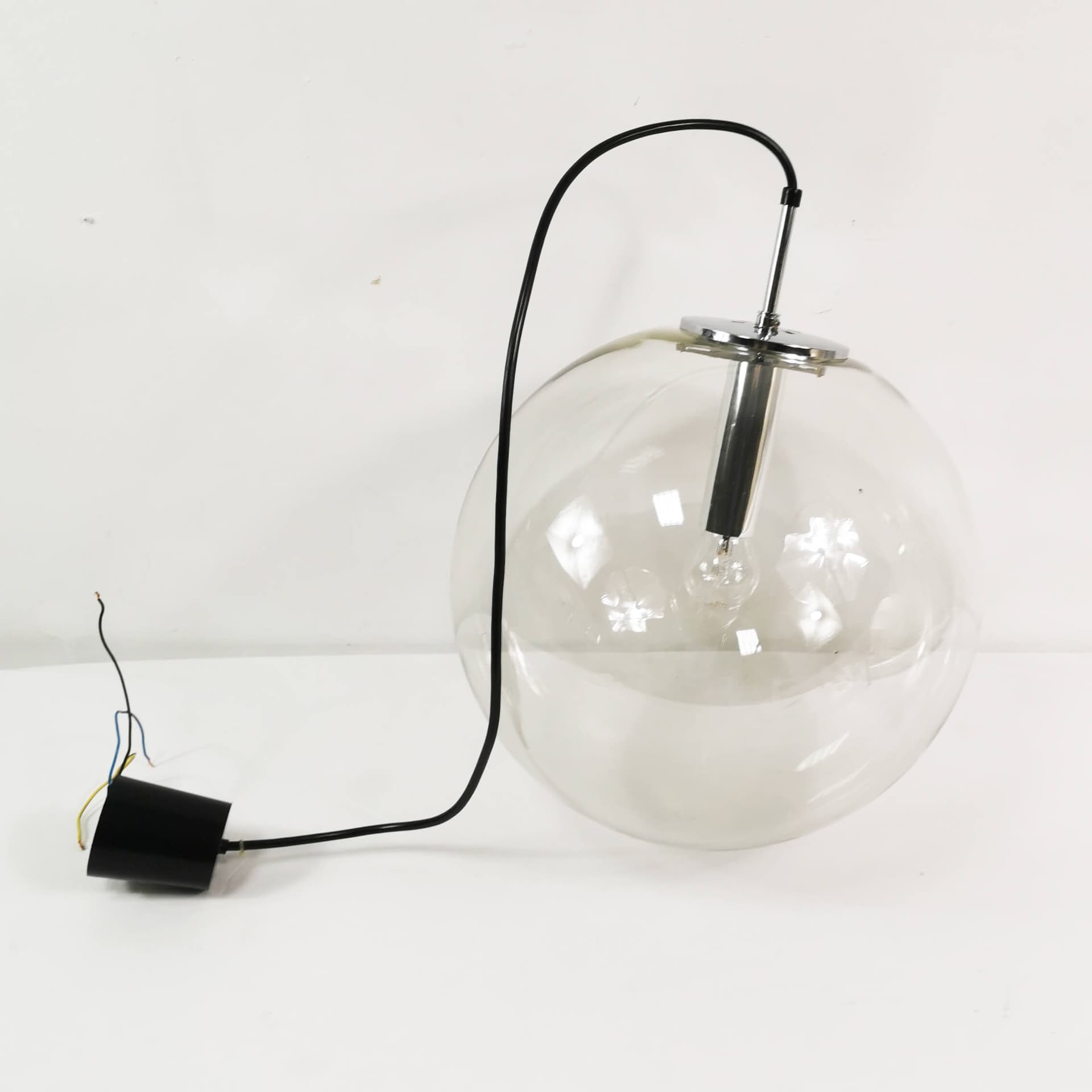 Pendant lamp globe 38 cm, transparent glass, polished steel silver, Limburg, Germany, 1970s. - 361698