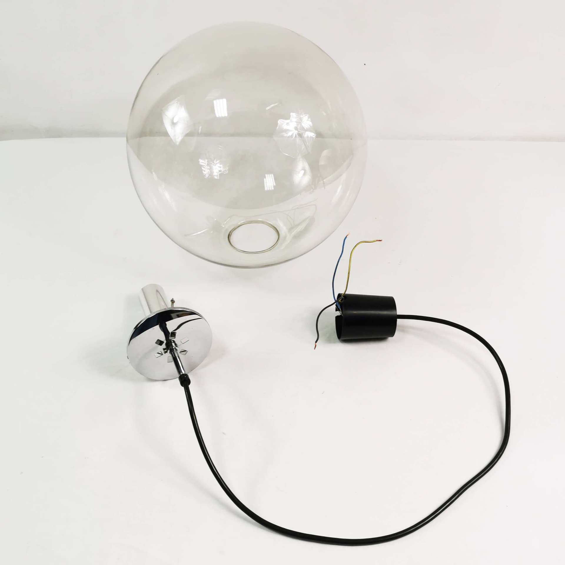 Pendant lamp globe 38 cm, transparent glass, polished steel silver, Limburg, Germany, 1970s. - 361700