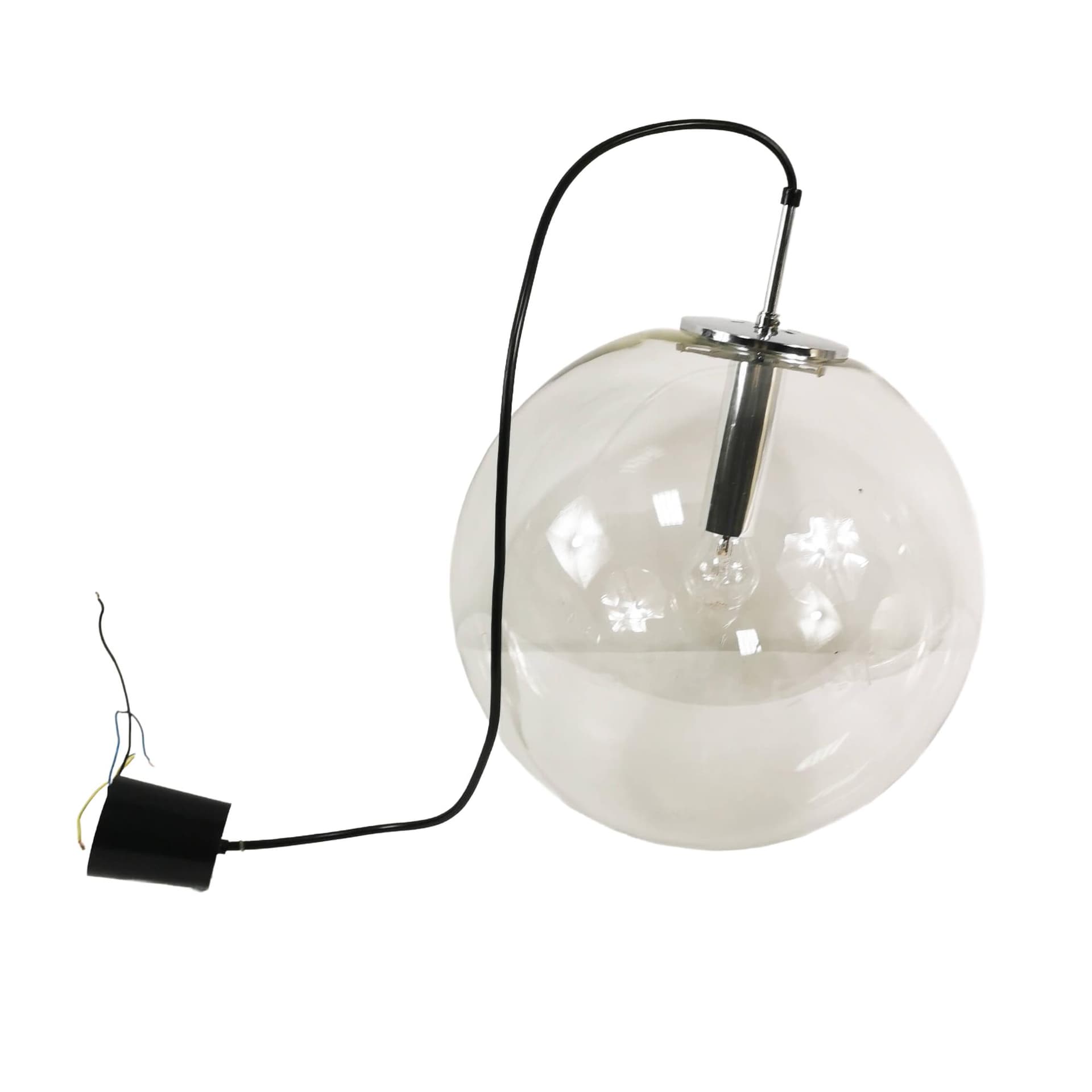 Pendant lamp globe 38 cm, transparent glass, polished steel silver, Limburg, Germany, 1970s.