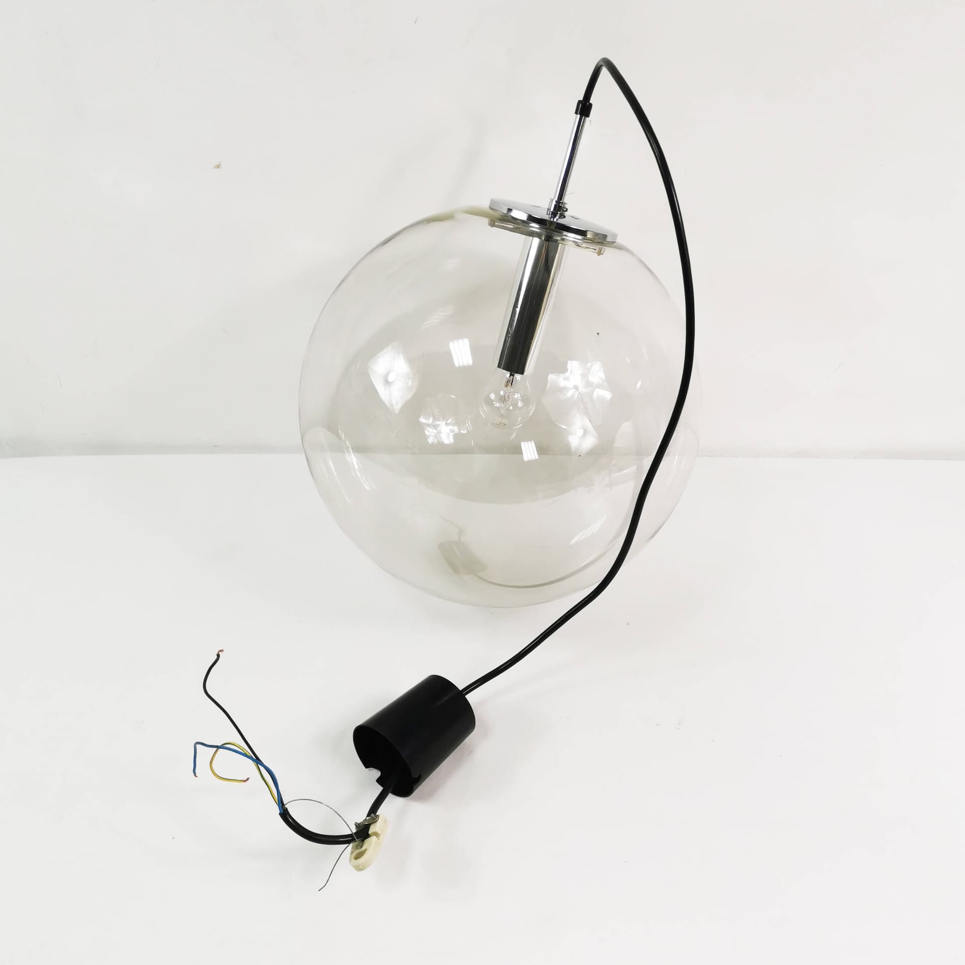 Pendant lamp globe 38 cm, transparent glass, polished steel silver, Limburg, Germany, 1970s. - 361697