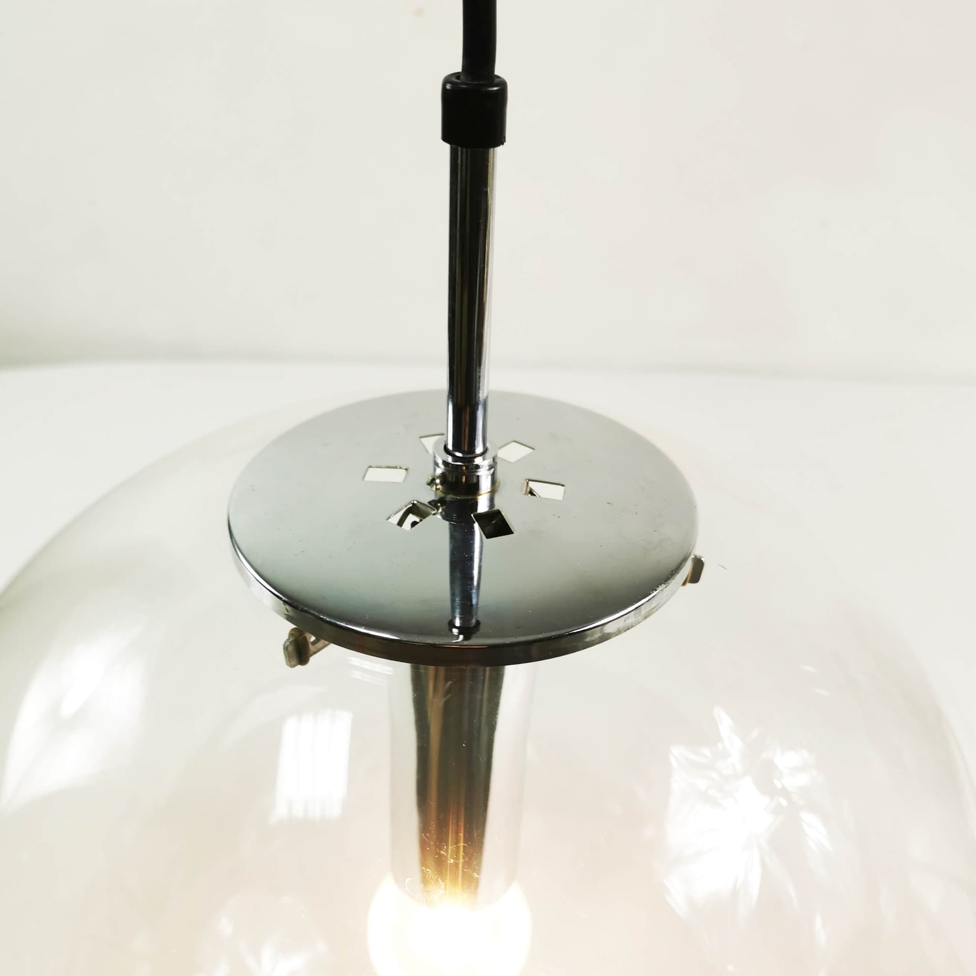 Pendant lamp globe 38 cm, transparent glass, polished steel silver, Limburg, Germany, 1970s. - 361702