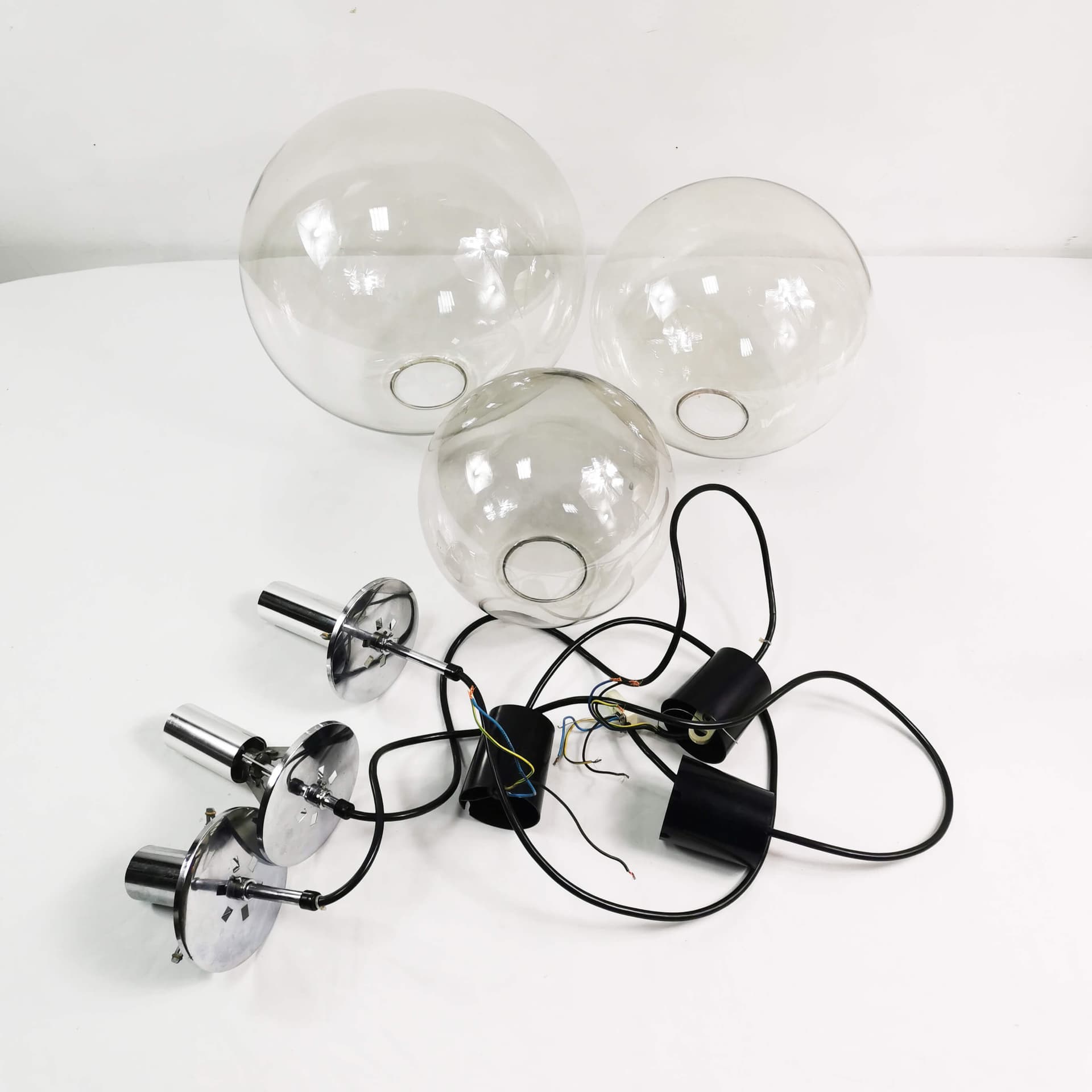 Pendant lamp globe 38 cm, transparent glass, polished steel silver, Limburg, Germany, 1970s. - 361703
