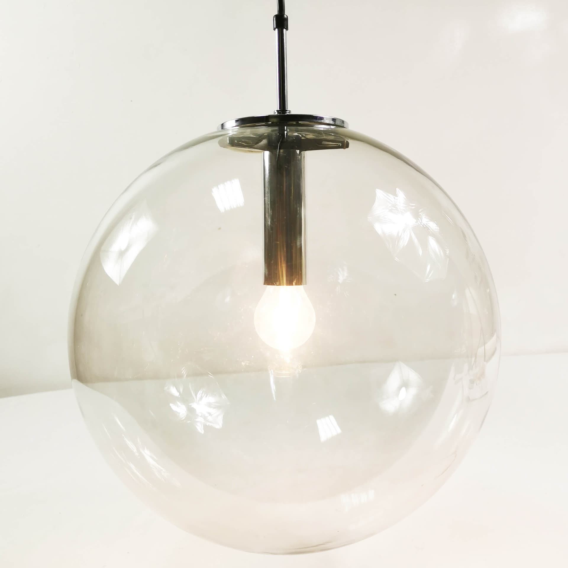 Pendant lamp globe 38 cm, transparent glass, polished steel silver, Limburg, Germany, 1970s. - 361695