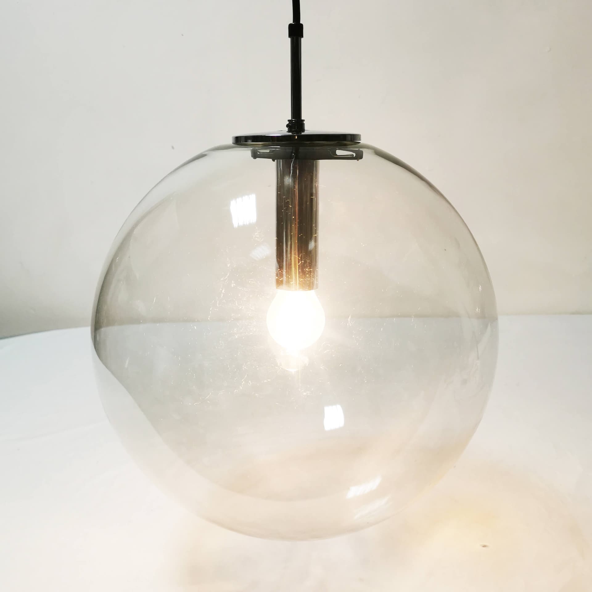 Pendant lamp globe 38 cm, transparent glass, polished steel silver, Limburg, Germany, 1970s. - 361694
