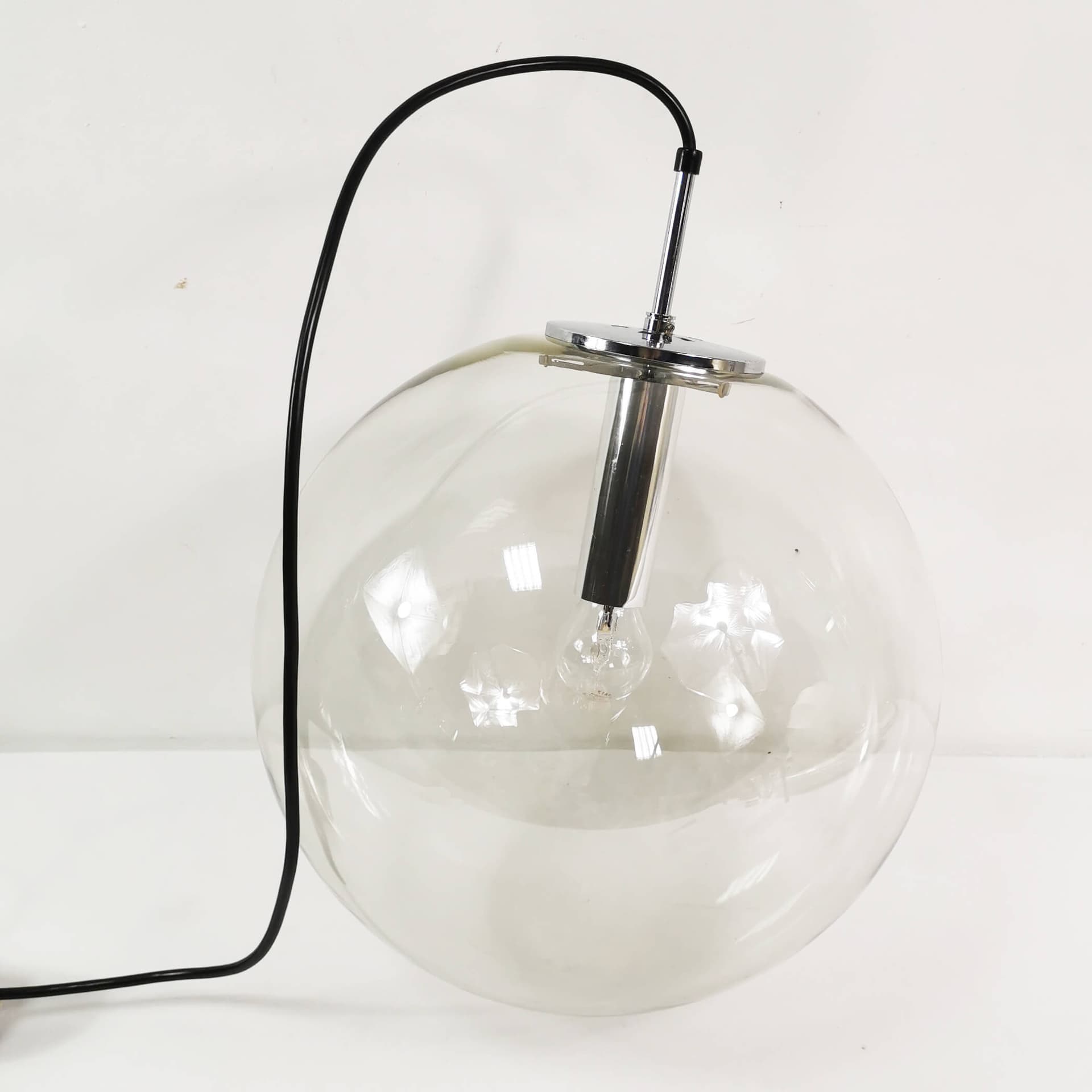 Pendant lamp globe 38 cm, transparent glass, polished steel silver, Limburg, Germany, 1970s. - 361699