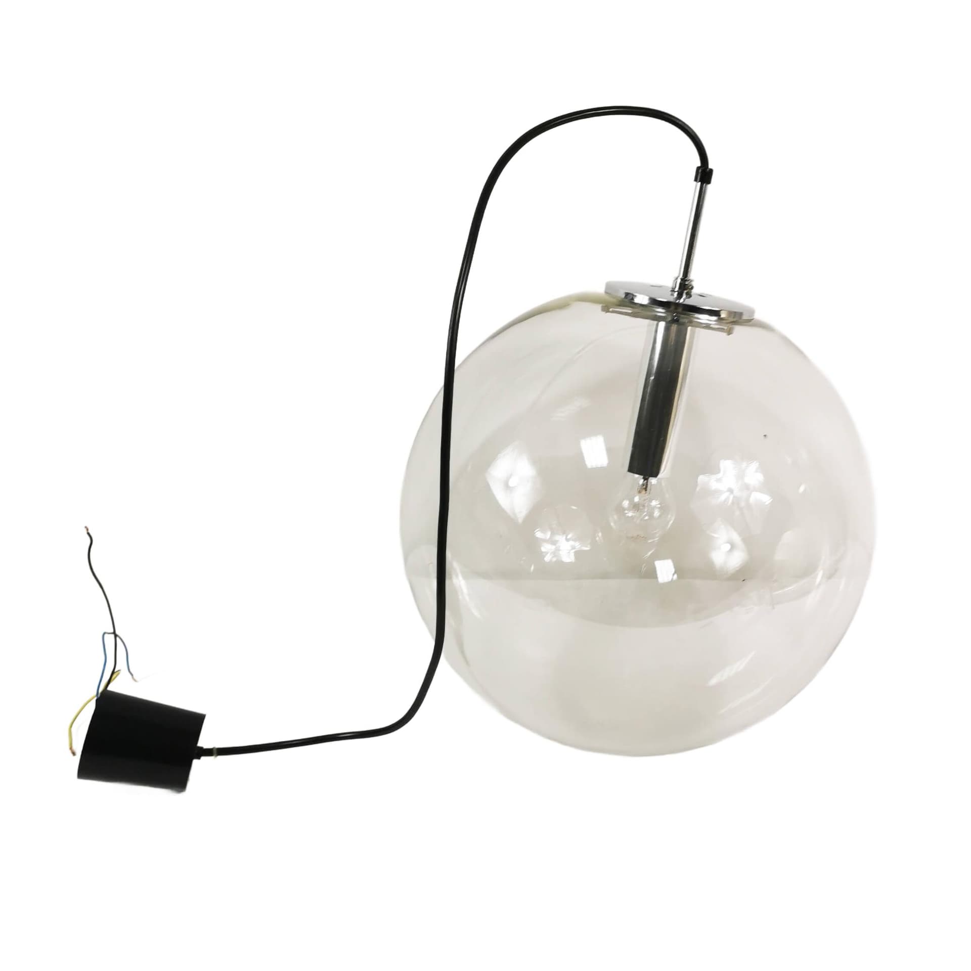 Pendant lamp globe 38 cm, transparent glass, polished steel silver, Limburg, Germany, 1970s. - 361812
