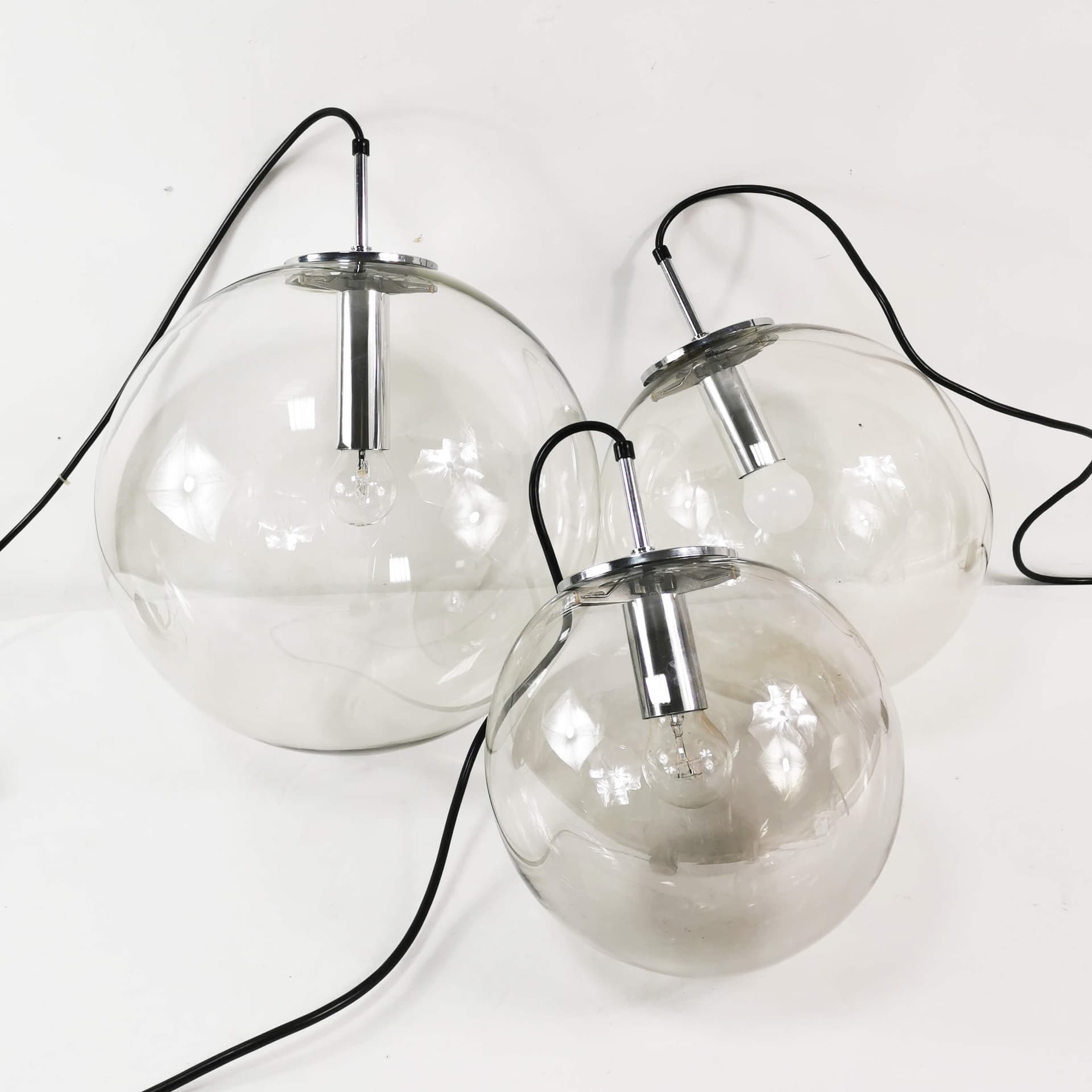 Pendant Lamp Globe 34 cm, transparent glass, chromed steel, Germany, 1970s. - 361717