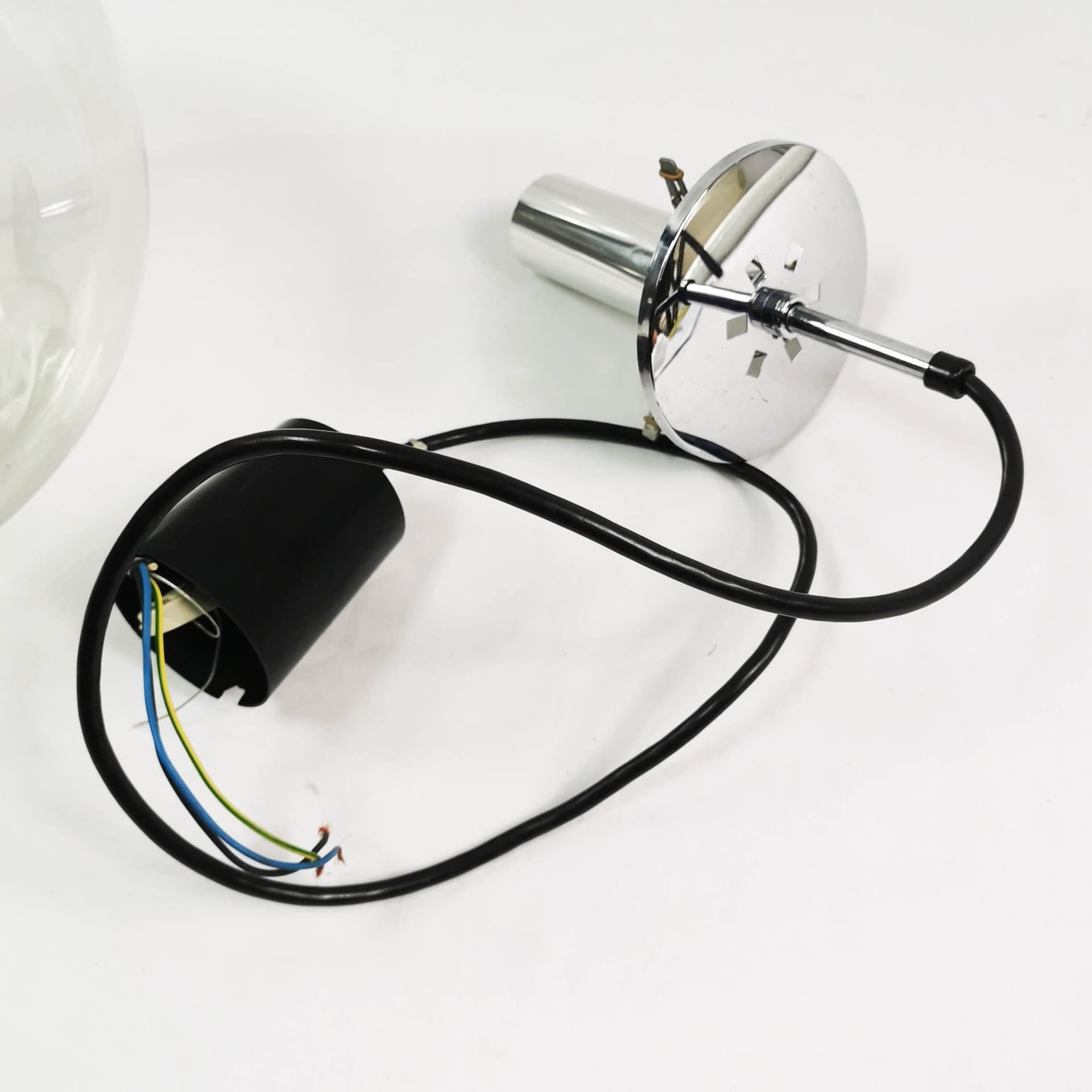 Pendant Lamp Globe 34 cm, transparent glass, chromed steel, Germany, 1970s. - 361715