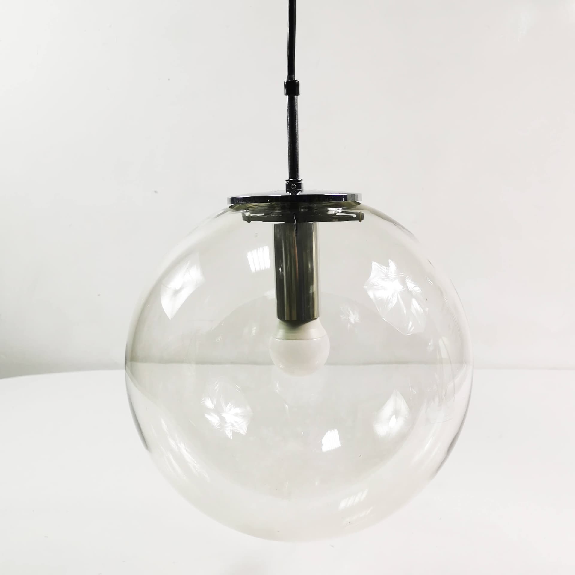 Pendant Lamp Globe 34 cm, transparent glass, chromed steel, Germany, 1970s. - 361711