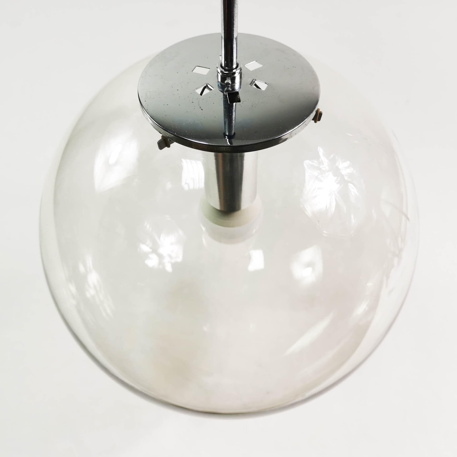 Pendant Lamp Globe 34 cm, transparent glass, chromed steel, Germany, 1970s. - 361712