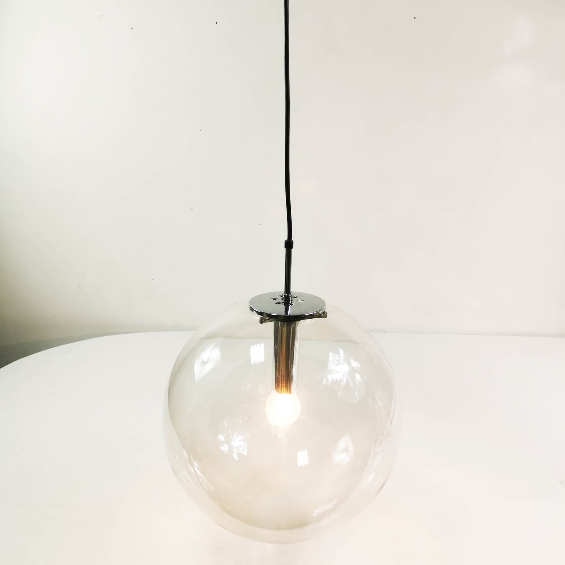 Pendant Lamp Globe 34 cm, transparent glass, chromed steel, Germany, 1970s. - 361707