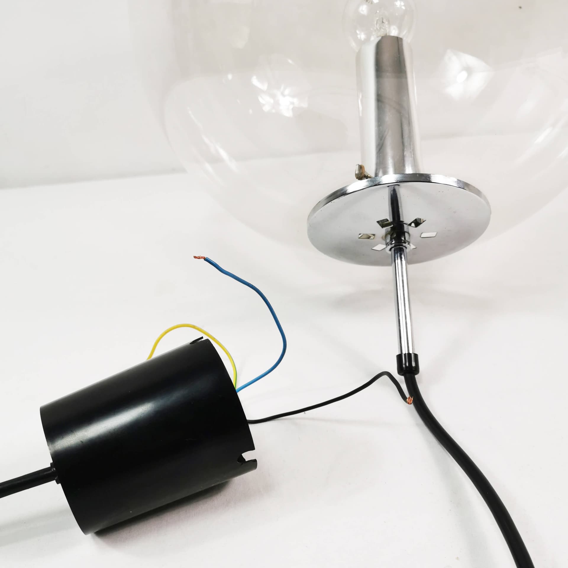Pendant Lamp Globe 34 cm, transparent glass, chromed steel, Germany, 1970s. - 361713