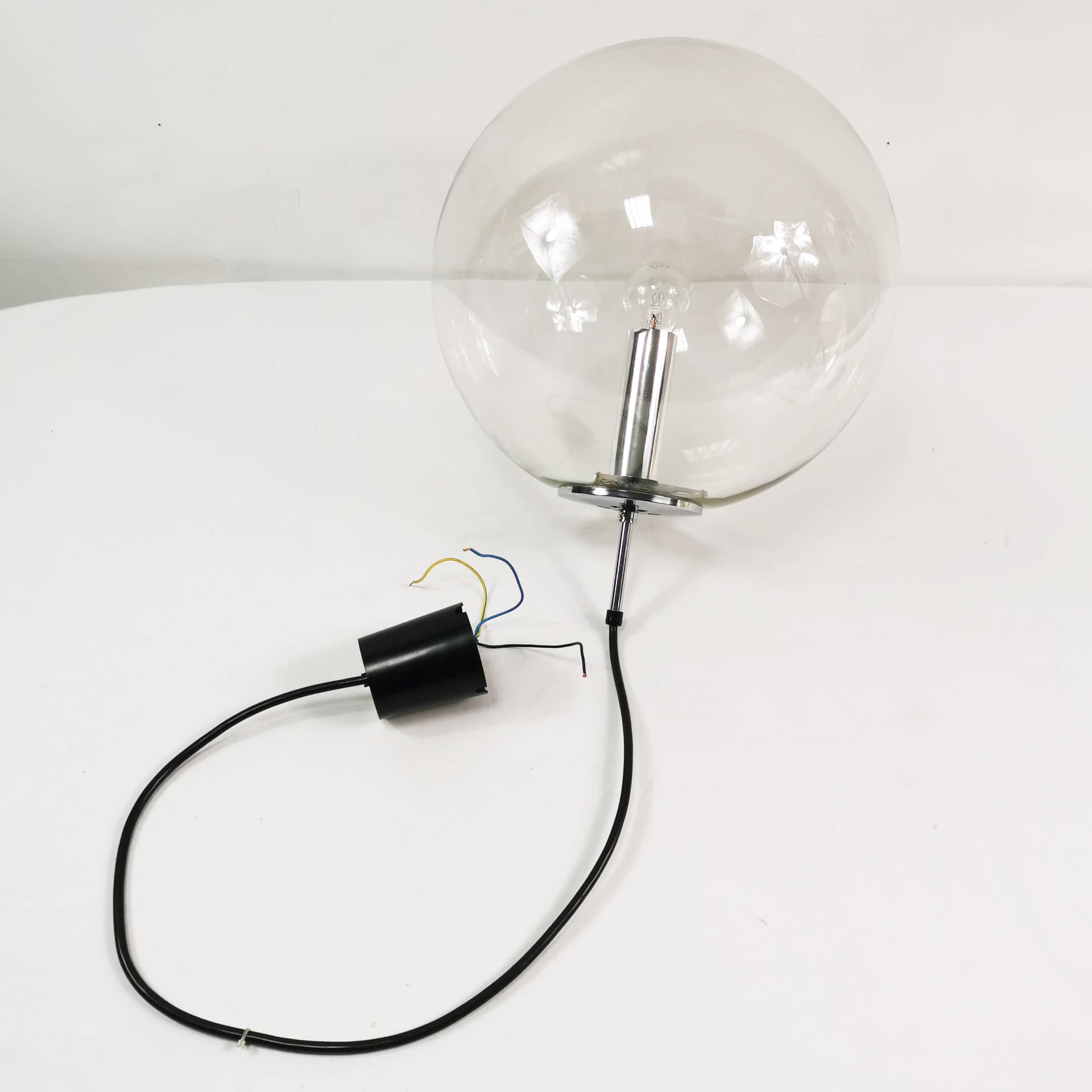 Pendant Lamp Globe 34 cm, transparent glass, chromed steel, Germany, 1970s. - 361706