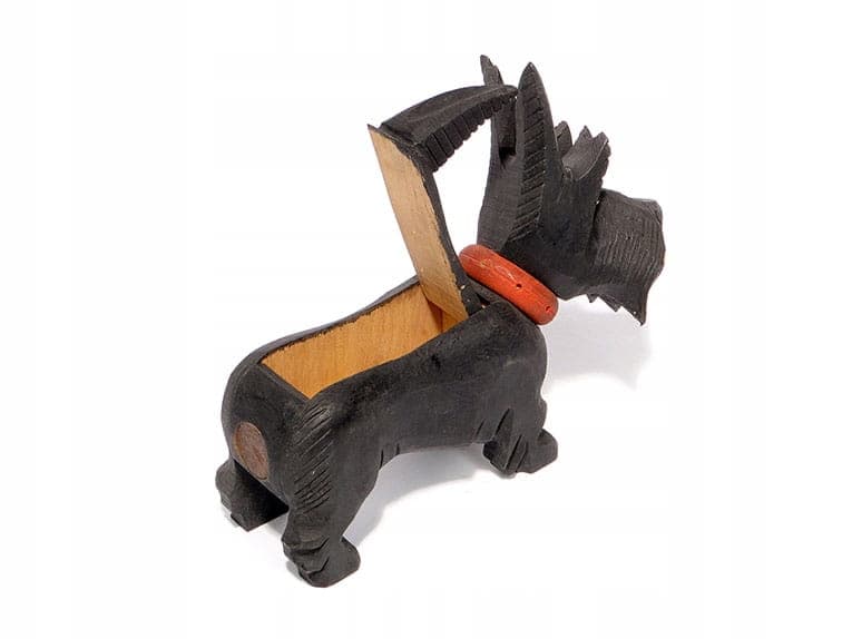 Pudełko na zapałki Terrier, czarny brązowy czerwony, drewno, Polska, początek XX w. - 361741