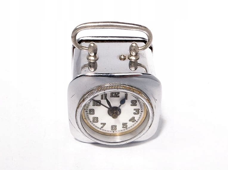 Miniaturowy zegar podróżny, srebrny, mosiądz chromowany, szkło, Niemcy, XIX w. - 361743