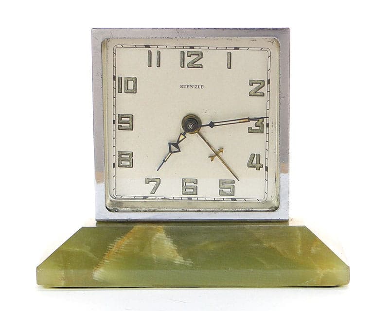 Zegar stołowy Art Deco, srebrny onyks zielono-żółty, mosiądz chromowany onyks, Kienzle, Niemcy, lata 20. - 361753