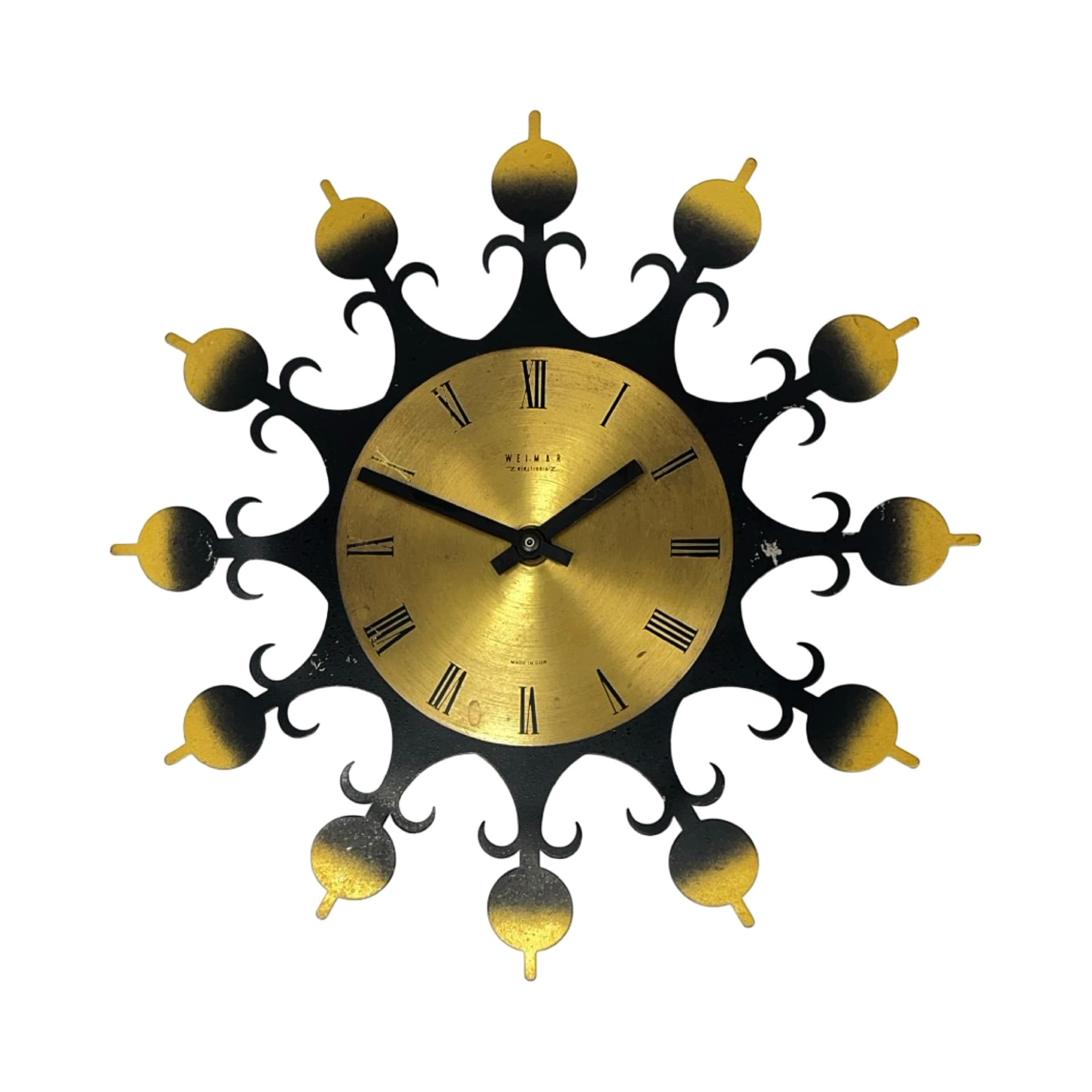 Zegar ścienny Sunburst, metal czarny, mosiądz złoty, Niemcy, lata 70. - 361849