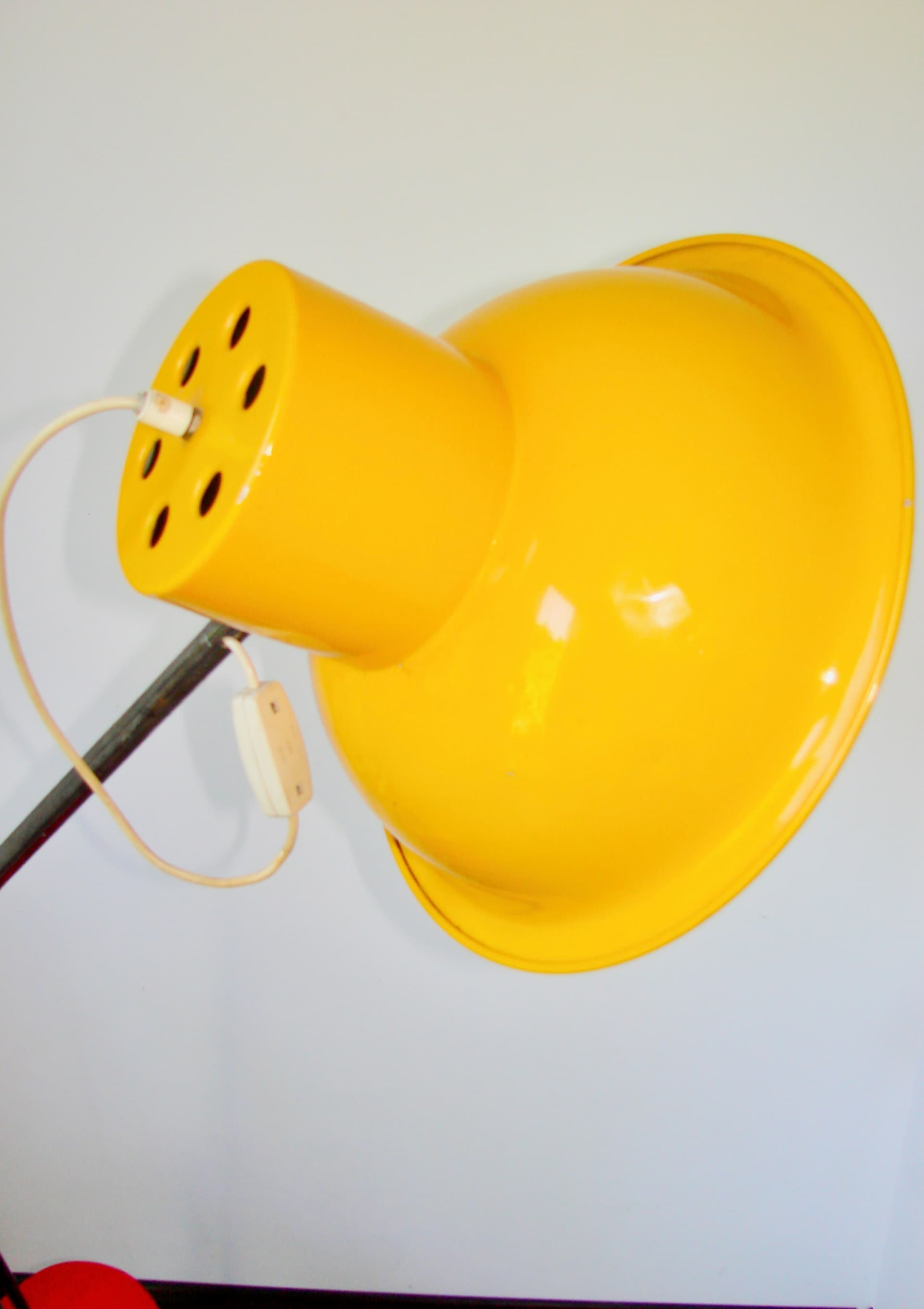 Floor lamp, yellow metal, red wood, Poland, 1960s - 361950