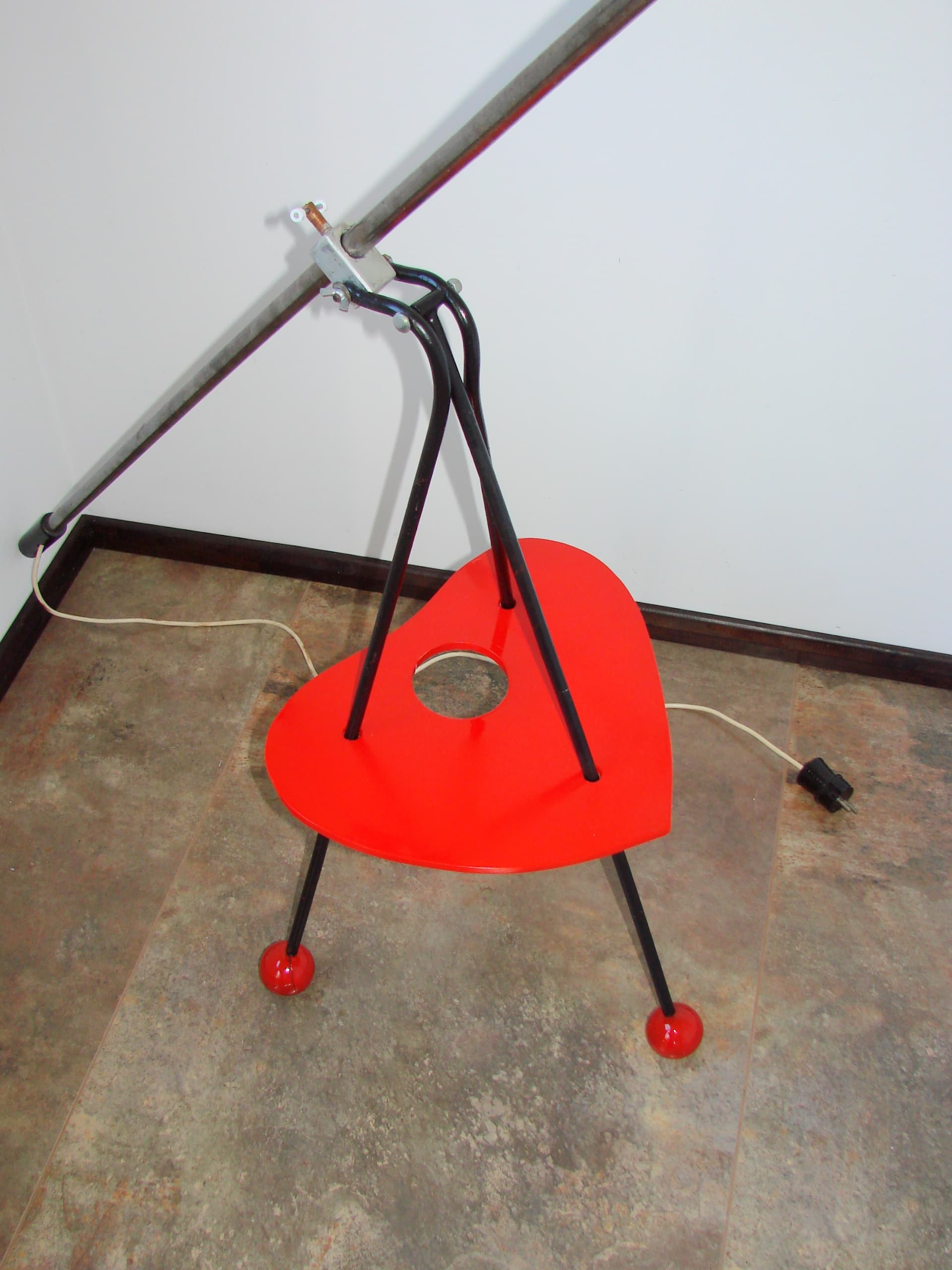 Floor lamp, yellow metal, red wood, Poland, 1960s - 361949