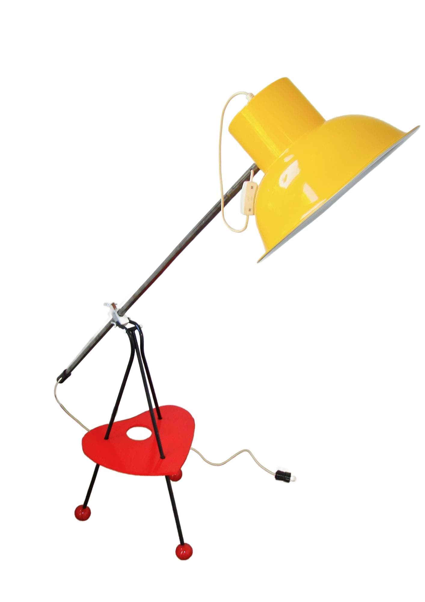 Floor lamp, yellow metal, red wood, Poland, 1960s