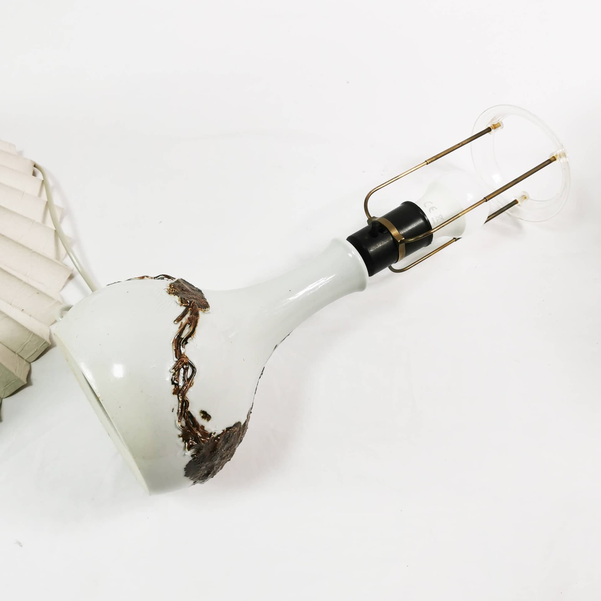 Table Lamp Mid Century, beige brown ceramic, cream fabric, Denmark, 1960s - 361970