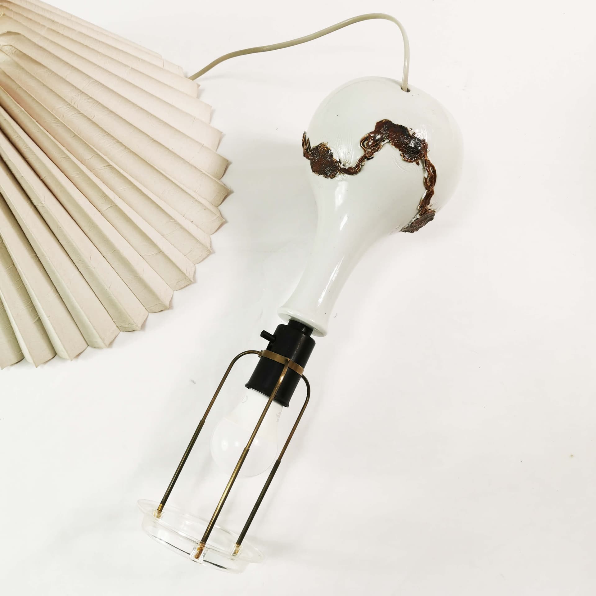 Table Lamp Mid Century, beige brown ceramic, cream fabric, Denmark, 1960s - 361972